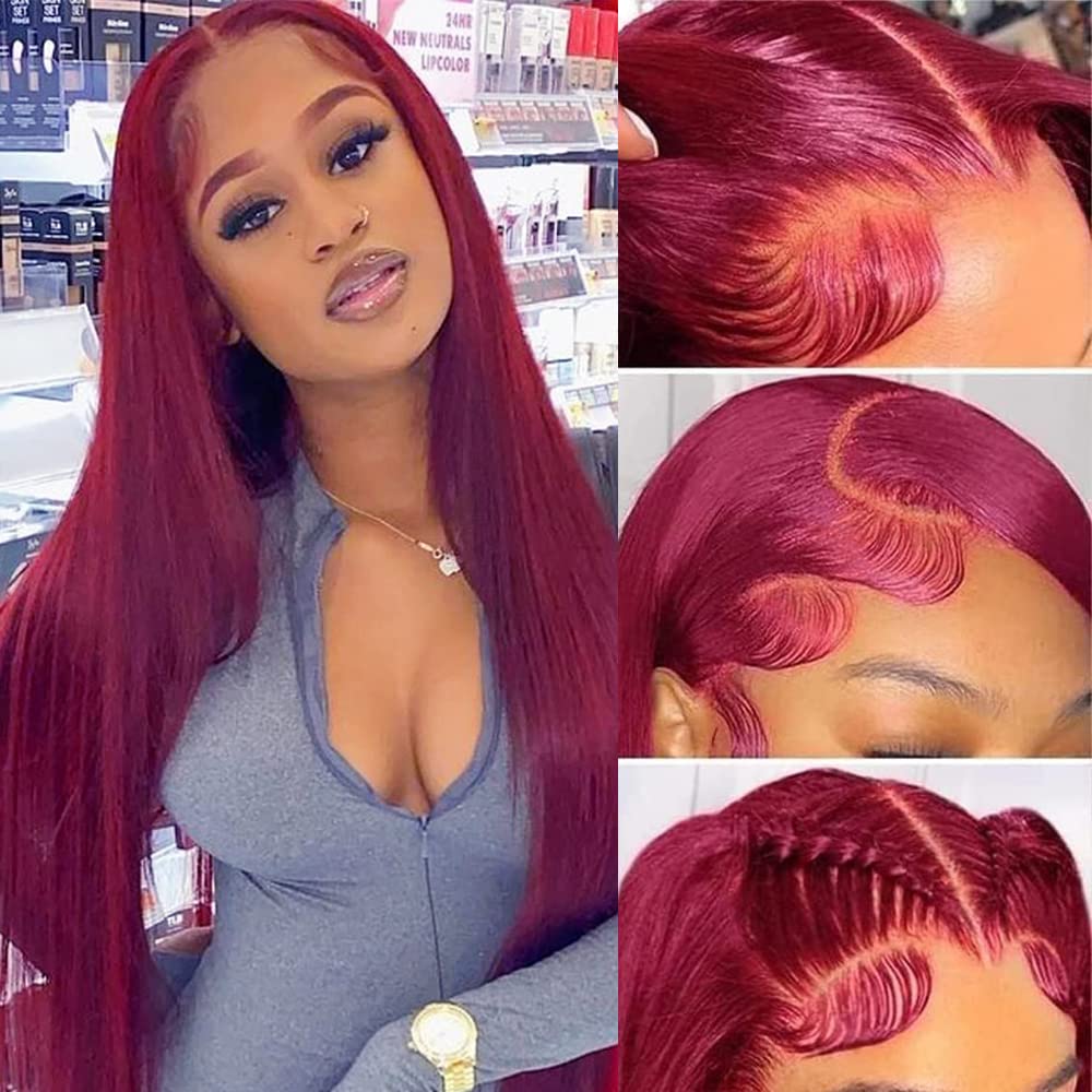CHEETAHBEAUTY 99j Burgundy 28Inch Lace Front Wig - 13x6 Brazilian Virgin Straight Human Hair Wig for Women (220% Density, Pre-Plucked with Baby Hair) | Perfect for Cosplay, Daily Wear & Special Occasions