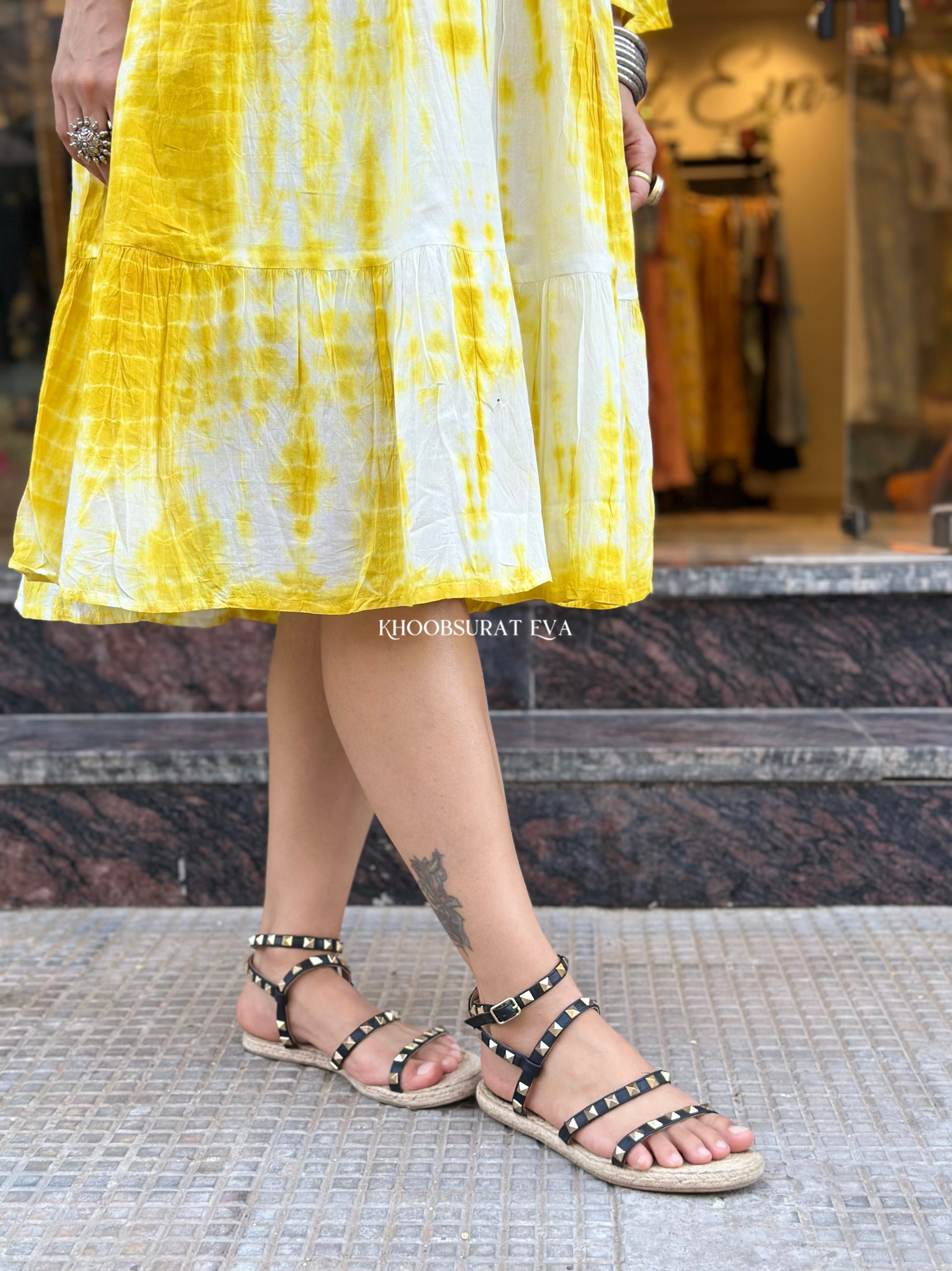 Sunshine Yellow Tie Dye Dress for Women - Boho Summer Maxi Dress with Flowy Sleeves - Perfect for Beach Vacations, Music Festivals & Casual Outings