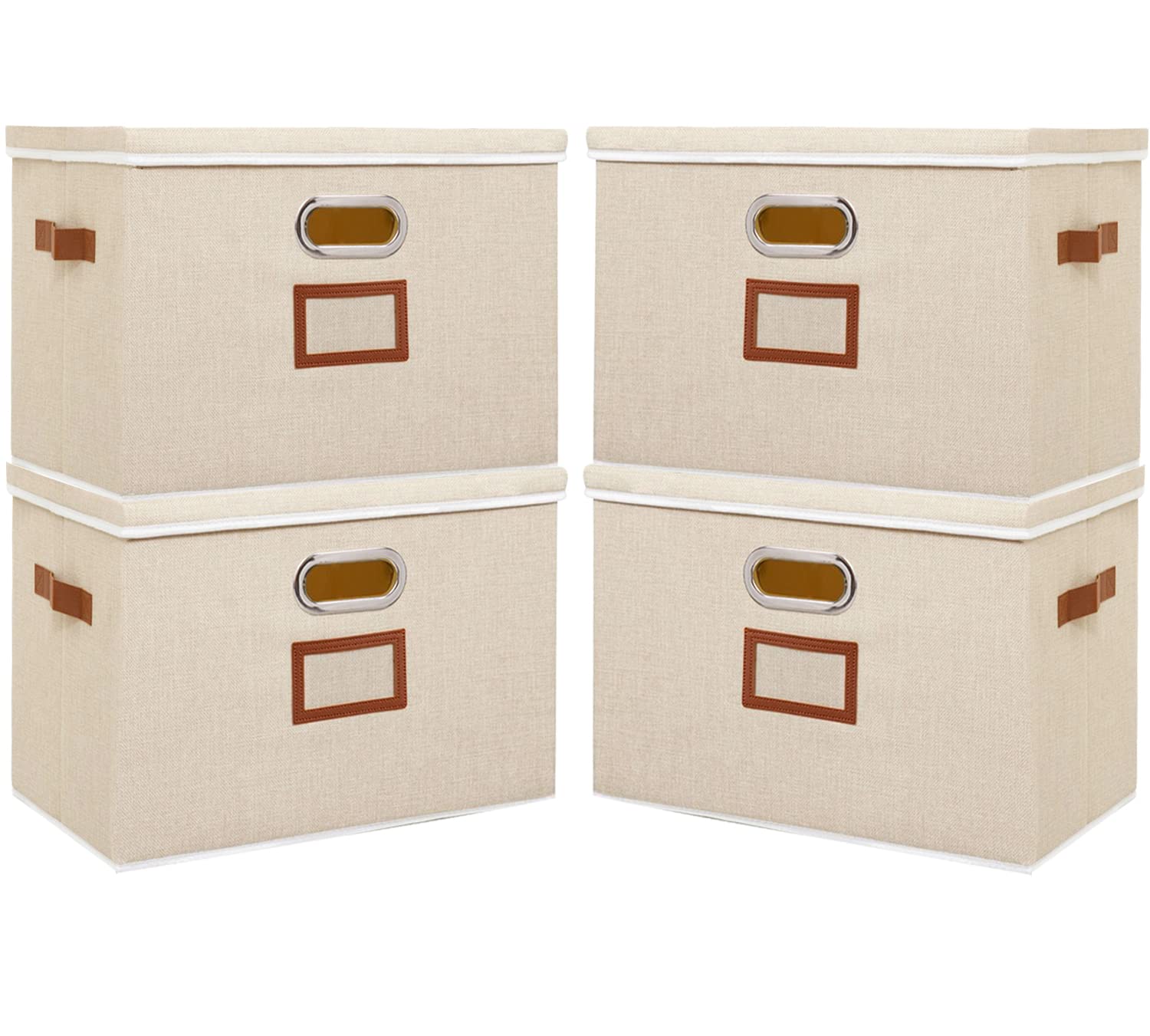 OUTBROS 4-Pack Large Collapsible Storage Bins with Lids, 17.7x11.8x11.8 Inch Foldable Fabric Storage Boxes Organizer Containers for Home Office Bedroom Closet Organization - Beige Storage Baskets with Label Window | Perfect for Toys, Blankets & Seasonal Decor