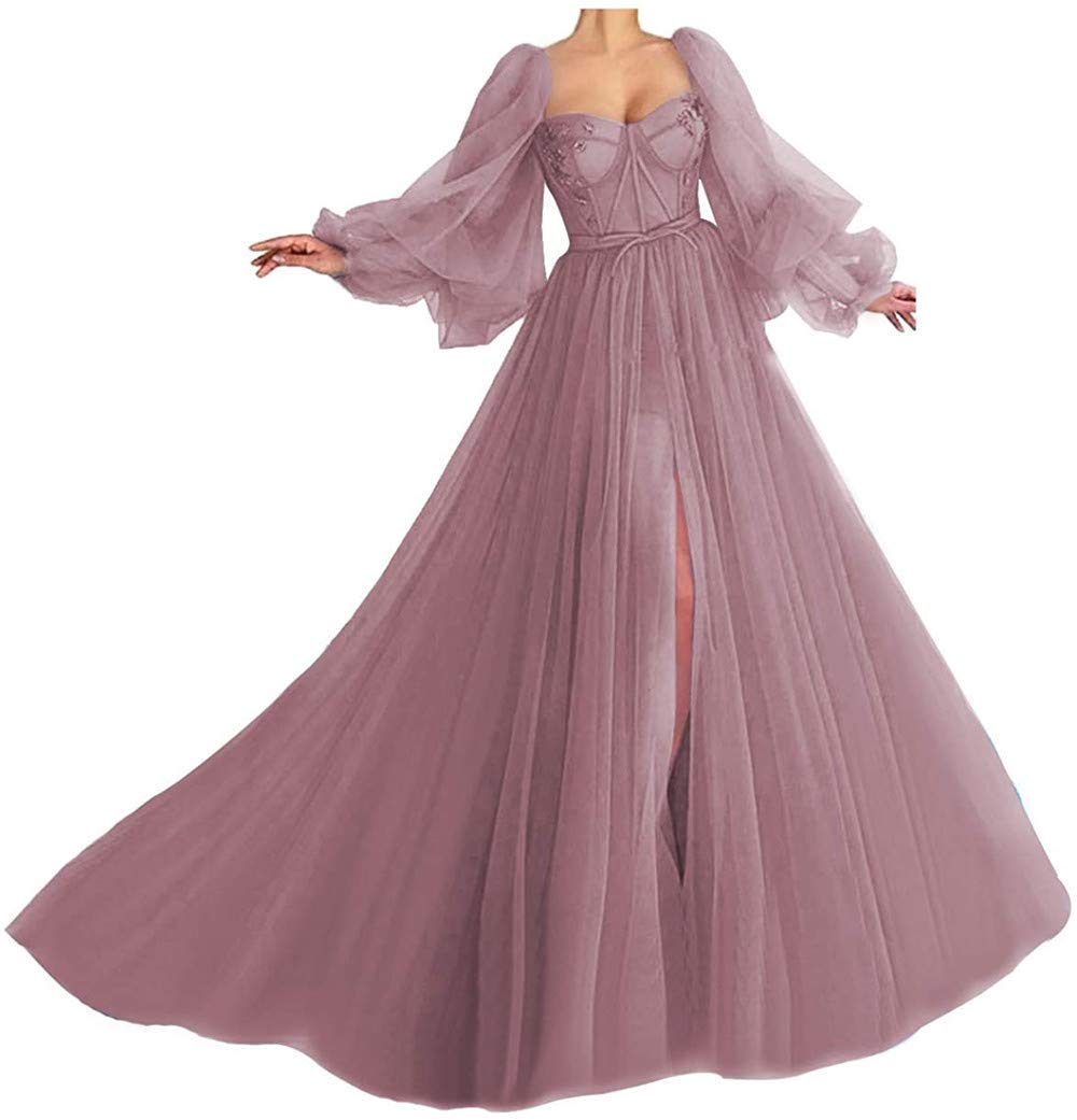 Elegant Puffy Prom Dresses for Women 2024 | Long Sweetheart Neckline Tulle Ball Gowns with Sleeves | Perfect for Formal Dances, Weddings & Special Occasions