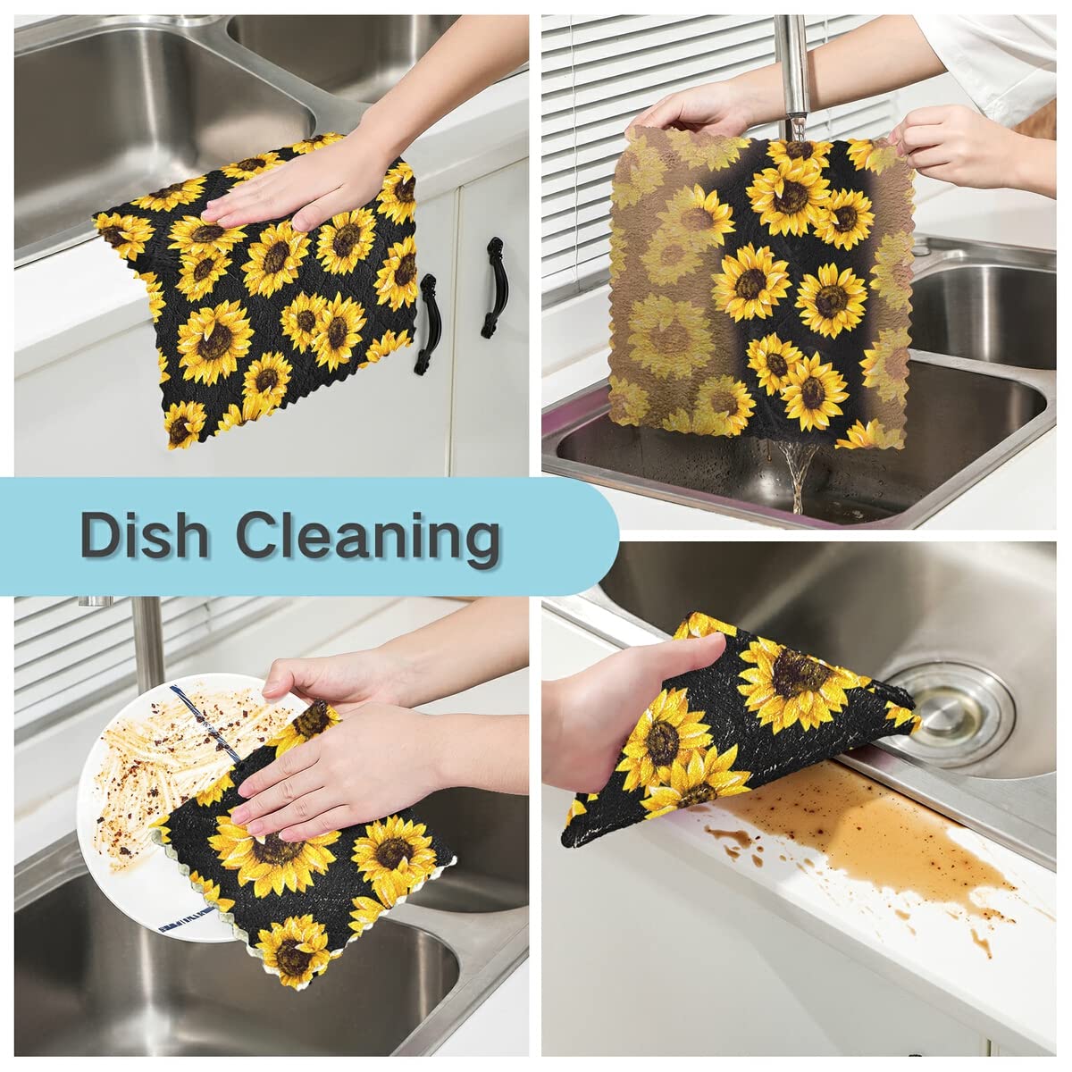 DOMIKING Black Sunflower Reusable Kitchen Towels Set of 6 - Super Absorbent Dish Cloths & Hand Towels for Kitchen, Laundry Room | Eco-Friendly Cleaning, Drying Dishes, Wiping Countertops