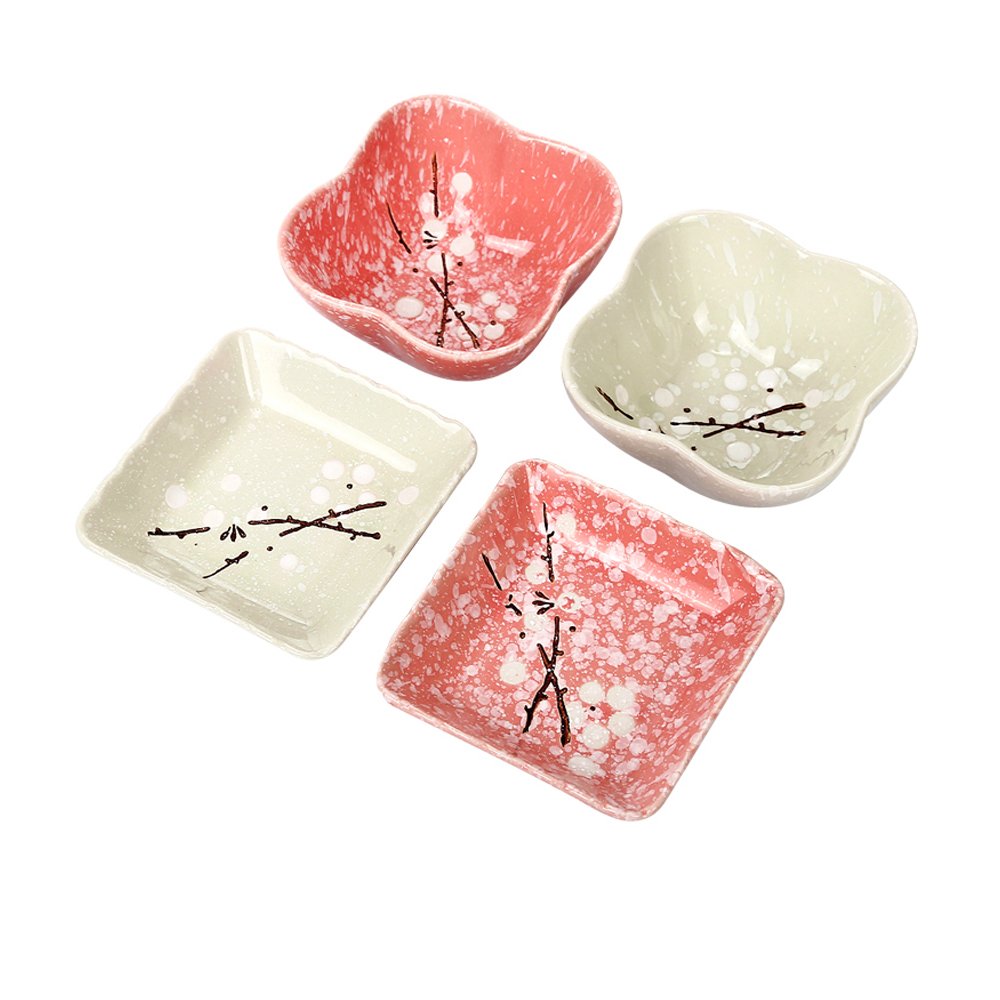 Colias Wing Cuddly Plum Blossom Porcelain Side Dish Bowls - 4-Piece Square & Flower Pattern Set (Pink & White) - Perfect for Soy Sauce, Seasonings, Sushi Dipping, and Asian Dining Tableware