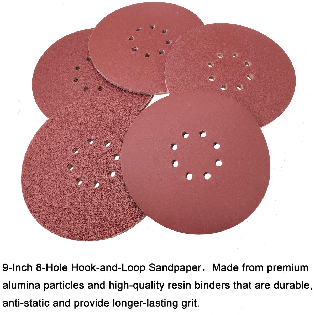 50 PCS 9 Inch 8 Hole Drywall Sanding Discs - 60/80/120/150/240 Grits Hook & Loop Sandpaper for Drywall, Walls & Floors | Perfect for Home Renovation, Drywall Repair & Surface Polishing