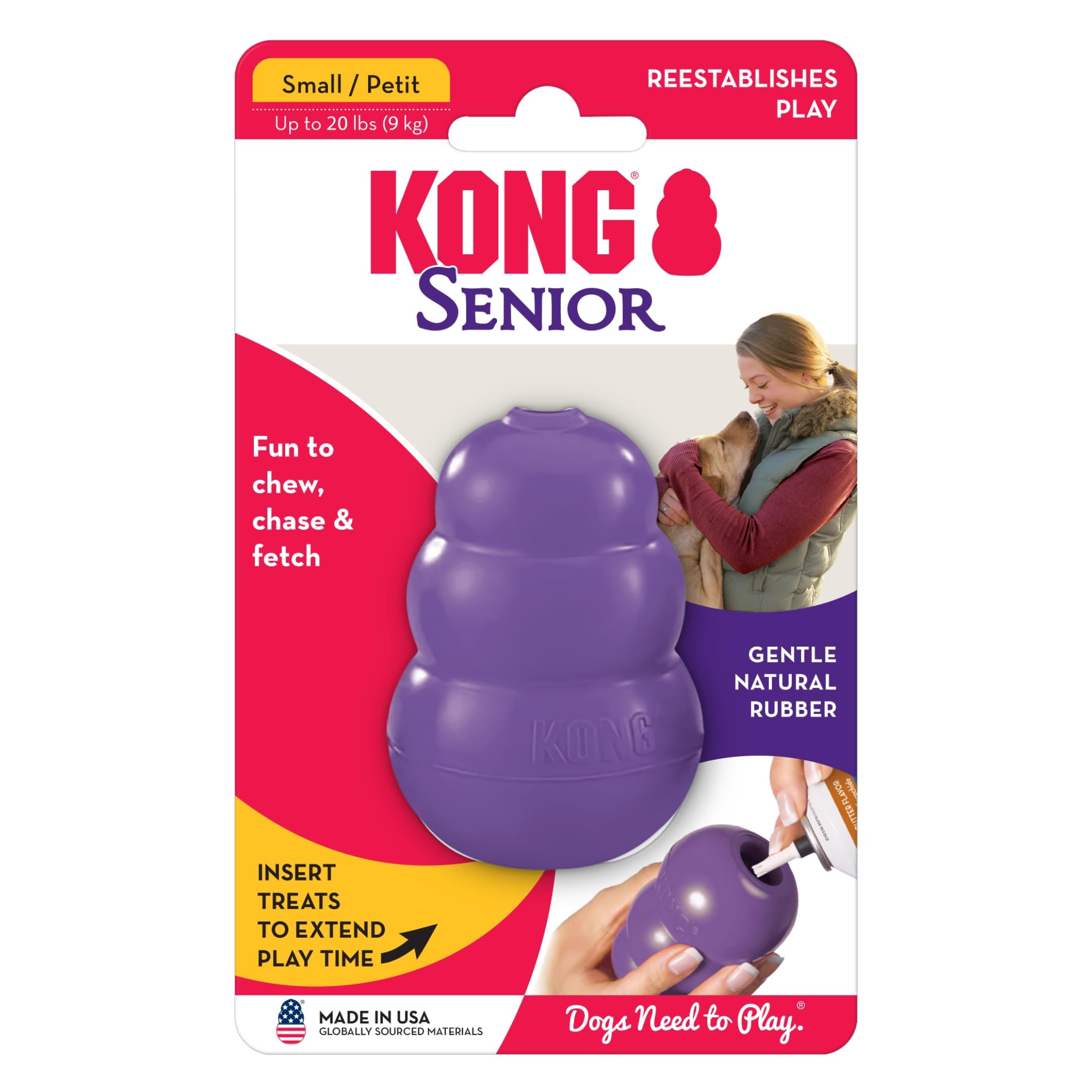 Durable Natural Rubber KONG Senior Dog Toy - Gentle Chew & Fetch Toy for Older & Small Dogs - Stuffable with Treats for Mental Stimulation - Perfect for Indoor Play & Senior Dog Enrichment