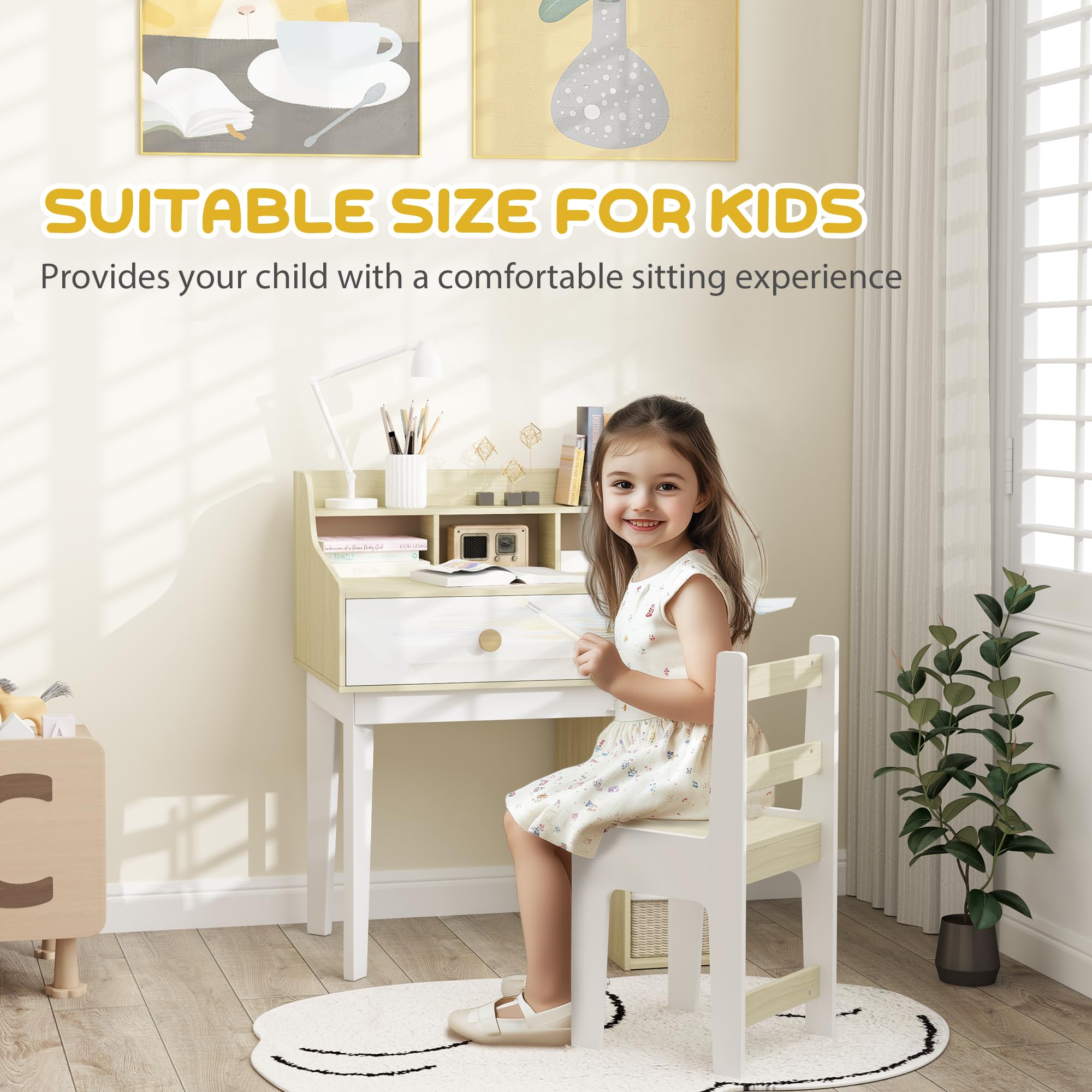 Qaba Kids Study Desk and Chair Set with Storage Shelves & Drawer - Adjustable Height Children's Desk for Ages 3-10 - White - Perfect for Homeschooling, Online Learning & Bedroom Study Space