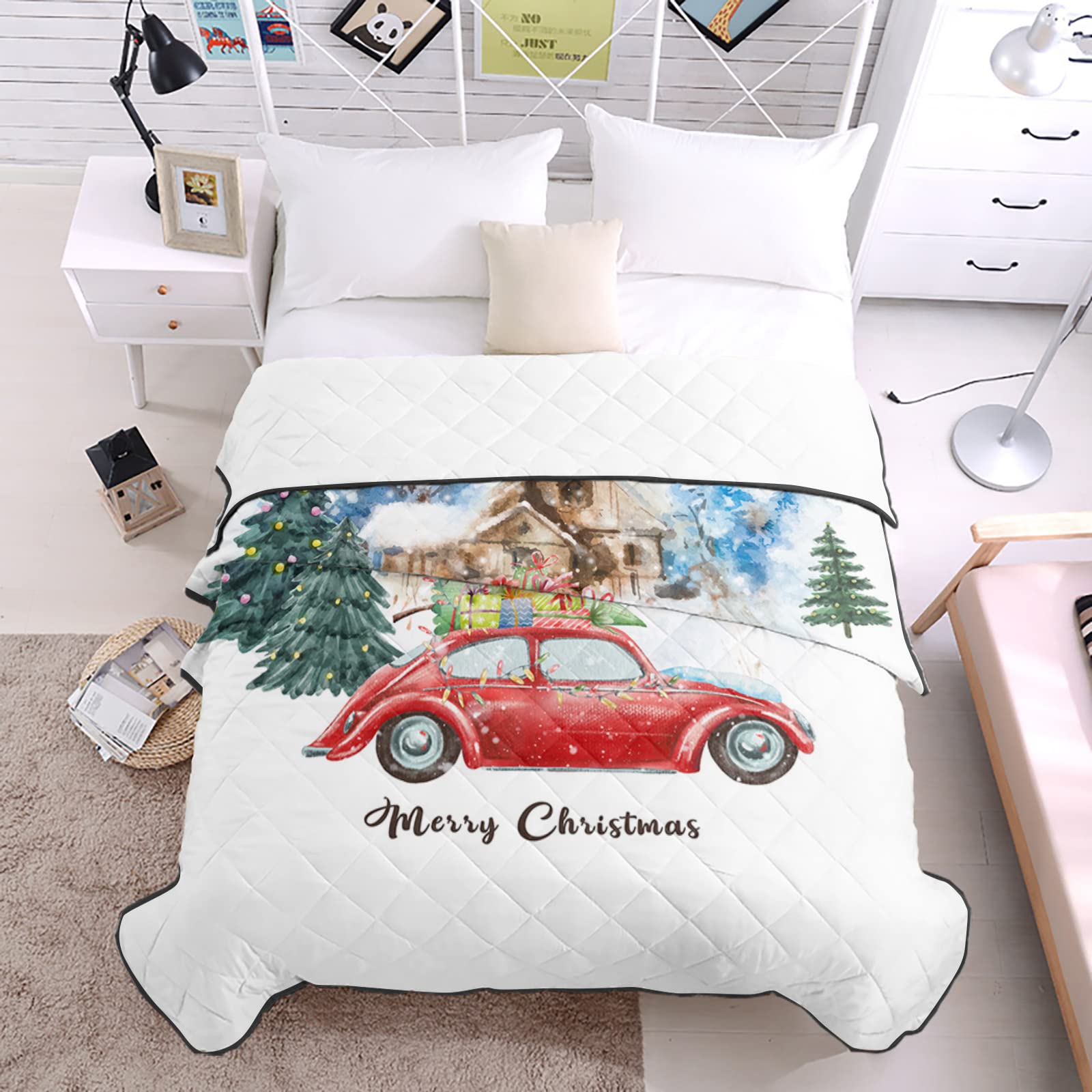 T&H XHome Queen Size Luxury Quilted Comforter - Ultra Soft, Lightweight & Reversible All-Season Bedding Set | Perfect for Christmas Decor, Winter Warmth & Summer Comfort | Snow Village Design with Merry Christmas Truck Pull Gift Theme
