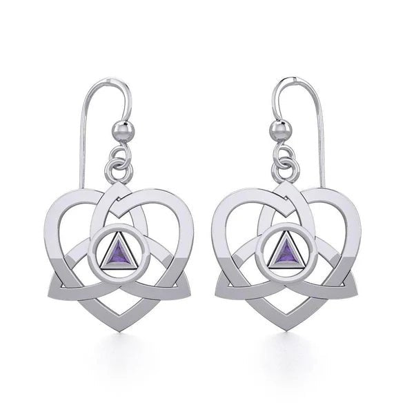 Celtic Trinity Heart Sterling Silver Earrings with Inlaid Recovery Symbol - Elegant Irish Jewelry for Women, Gift for Her - Perfect for Weddings, Anniversaries & Spiritual Healing