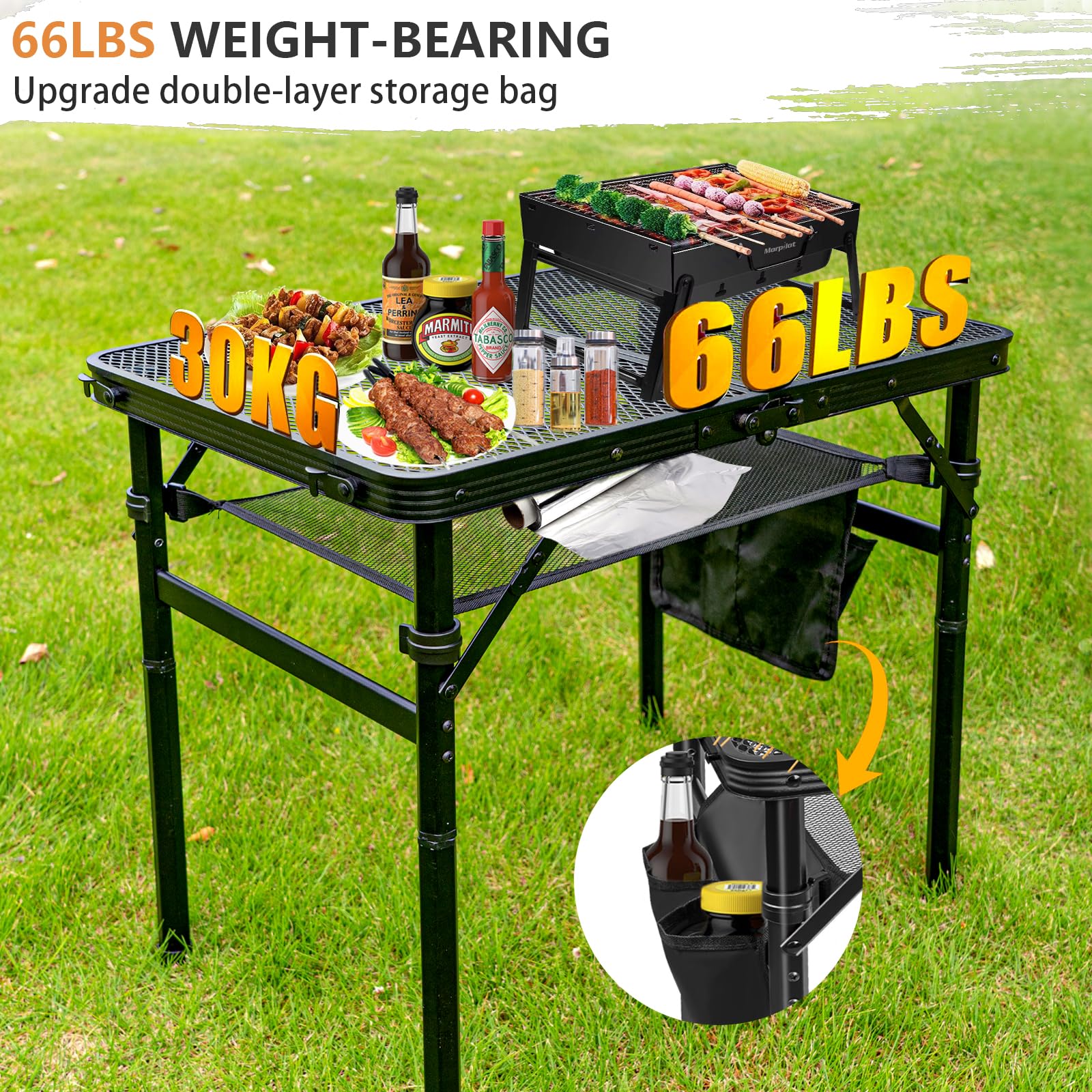 Portable Folding Grill Table - 2X1.3 FT Adjustable Height Outdoor Cooking Table with Mesh Top | Perfect for Camping, Picnics, BBQ, Beach & Backyard Gatherings | Durable & Compact Design for Easy Transport & Storage
