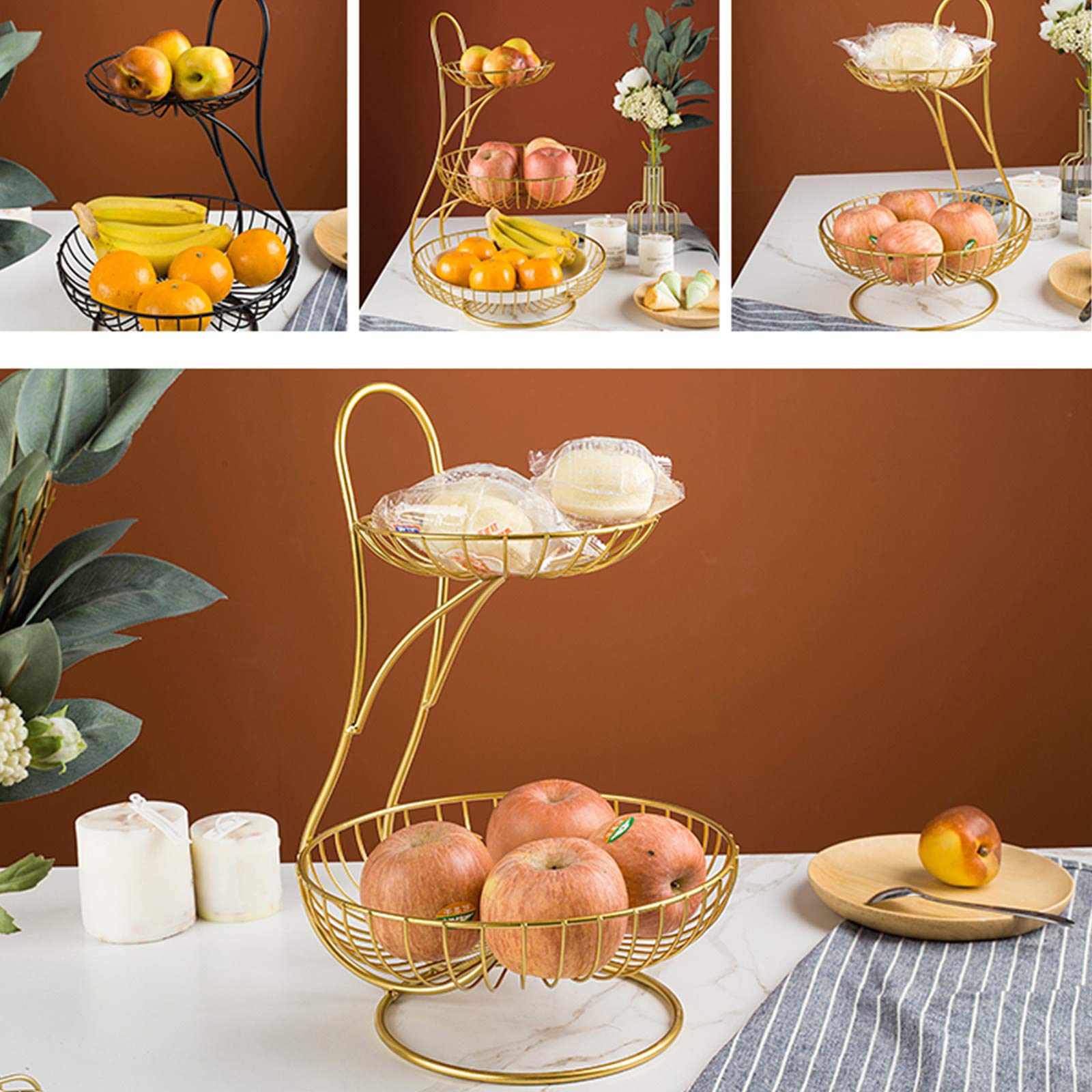 2 Tier Modern Fruit Basket for Kitchen Counter - Black/Gold & Gold - Stylish Storage for Fruits, Bread, Snacks & Vegetables - Perfect for Dining Table Display & Home Decor