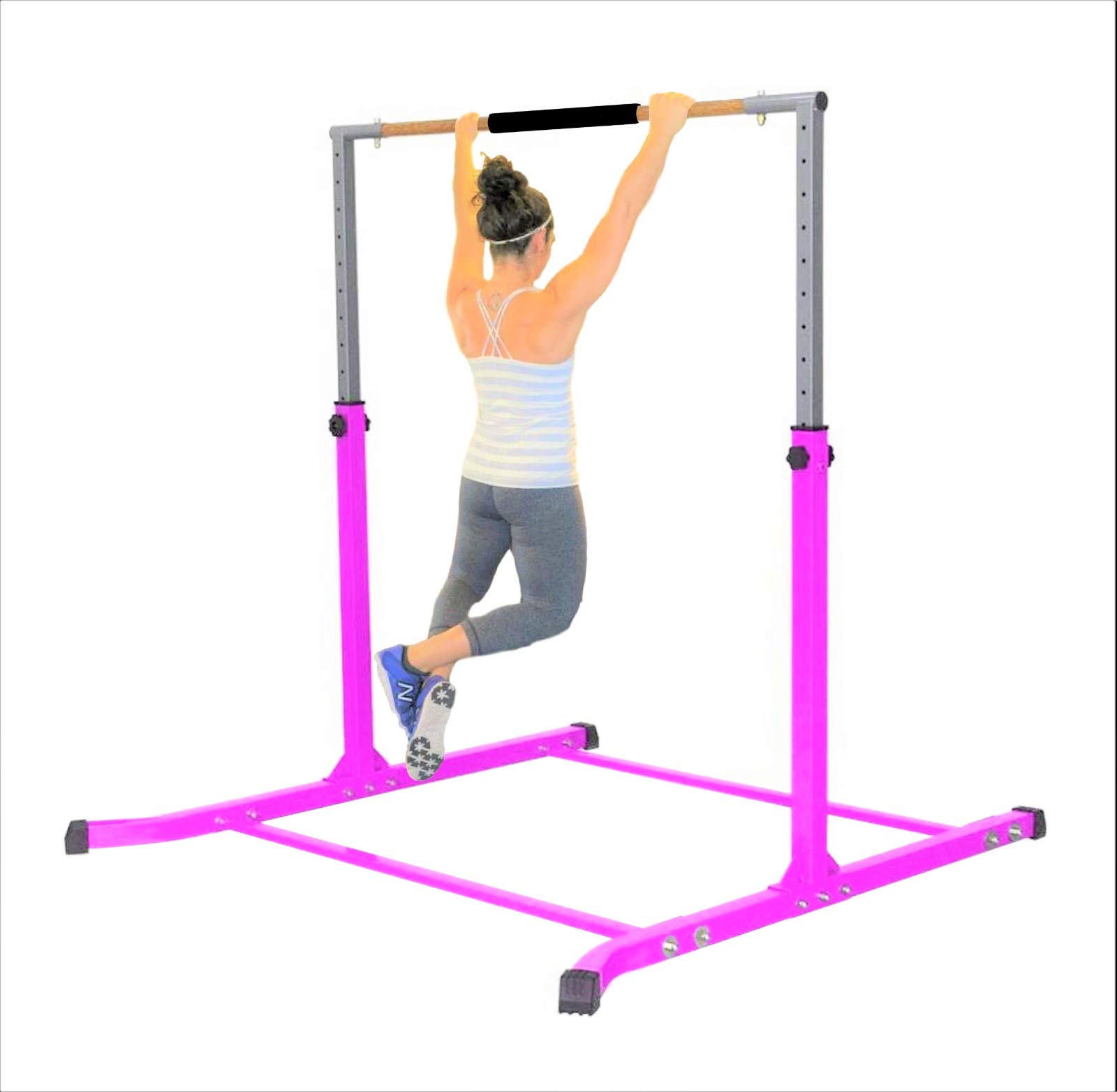 Professional Adjustable Gymnastics Training Bar - 13-Level Height (3-5 FT) with Cushioned Kip Bar & Curved Legs - Junior Horizontal/Asymmetric Bar for Home Gym (Pink) - Perfect for Kids' Gymnastics Practice, Strength Training & Indoor Fitness