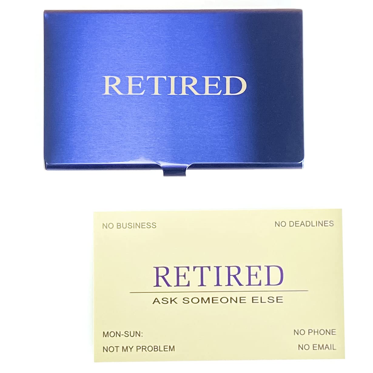 RXBC2011 Retired Business Cards - 50 Yellow Cards in Blue Stainless Steel Case | Funny Retirement Gift for Men, Women & Coworkers | Perfect for Retirement Parties, Office Farewells & Humorous Keepsakes