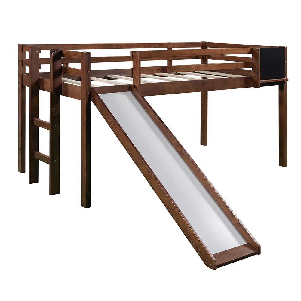 Twin Size Low Loft Bed with Convertible Slide & Ladder - Pinewood Bed Frame with Chalkboard & Guardrails - Space-Saving Kids Bedroom & Guest Room Furniture (Walnut) - Perfect for Small Rooms, Dormitories & Play Areas