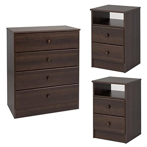 Home Square 3-Piece Bedroom Set - 2 Nightstands & 4-Drawer Dresser in Espresso Finish | Modern Bedside Storage for Master & Guest Rooms