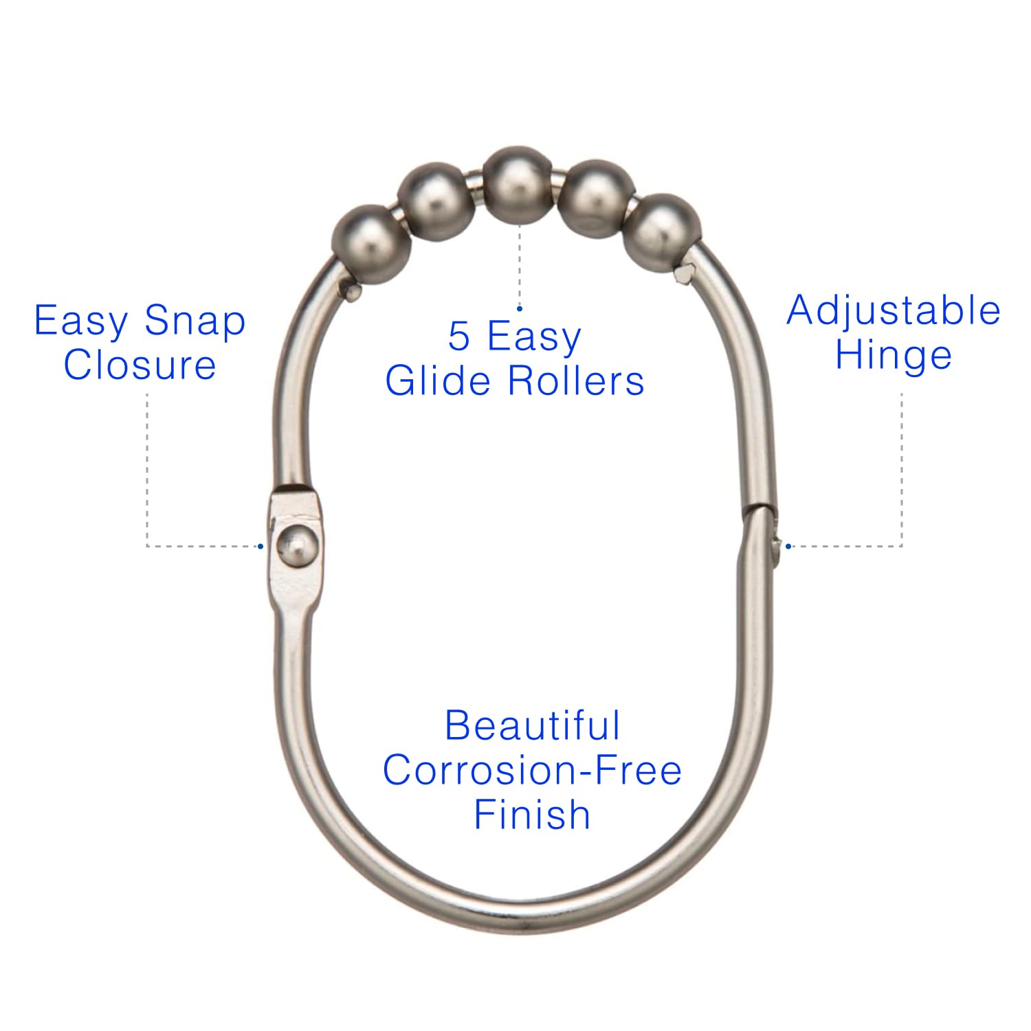 2LB Depot 12-Pack Shower Curtain Rings - Brushed Satin Nickel Finish, Rustproof Stainless Steel Hooks with Smooth Glide Rollers for Easy Opening - Perfect for Bathroom, Spa, Hotel and Home Decor Accessories