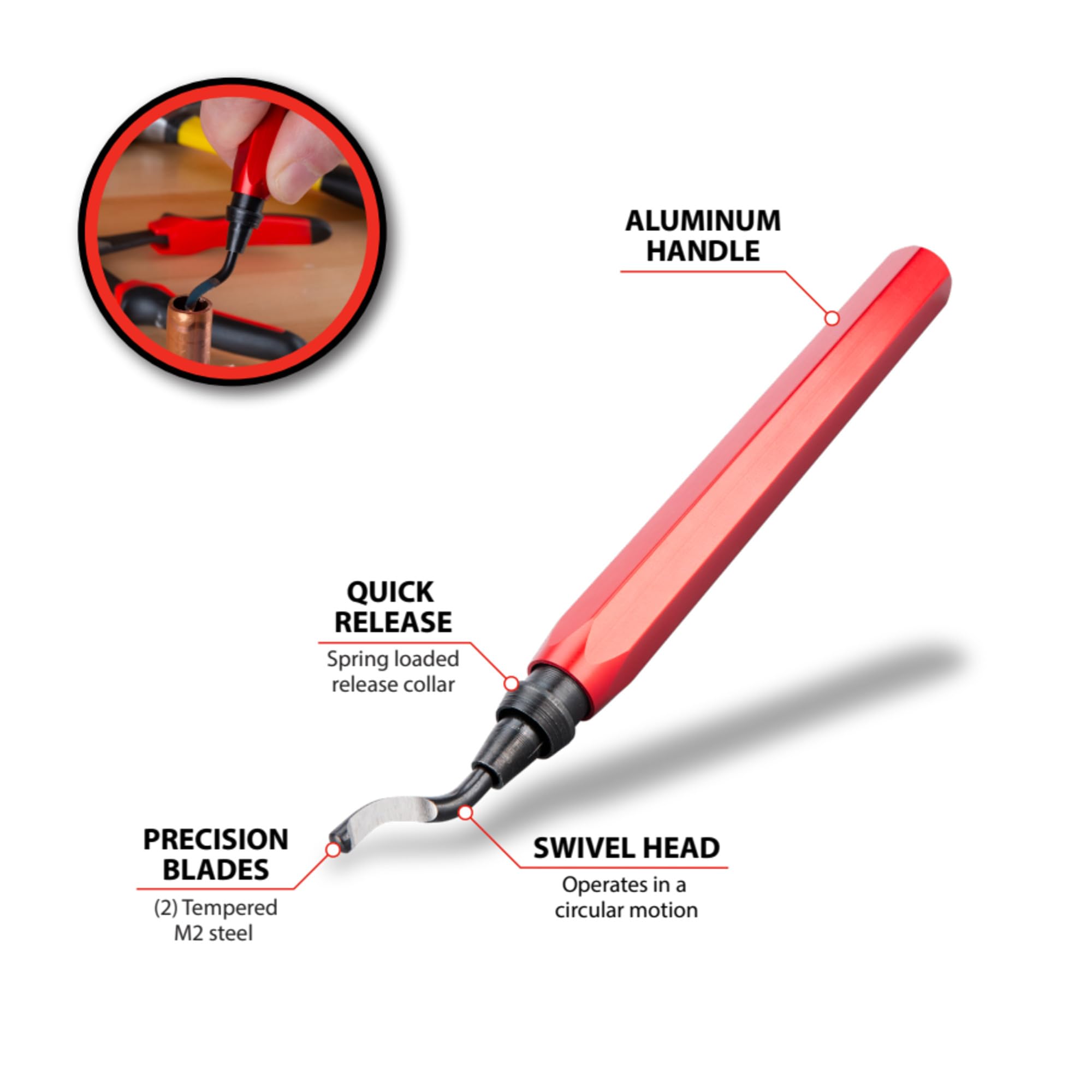 Performance Tool W2960 Pipe Reamer & Deburring Tool - Swivel Head & Quick Release Blade for Metal, PVC, Conduit Pipes - Perfect for Plumbing, HVAC & DIY Pipe Cutting Projects
