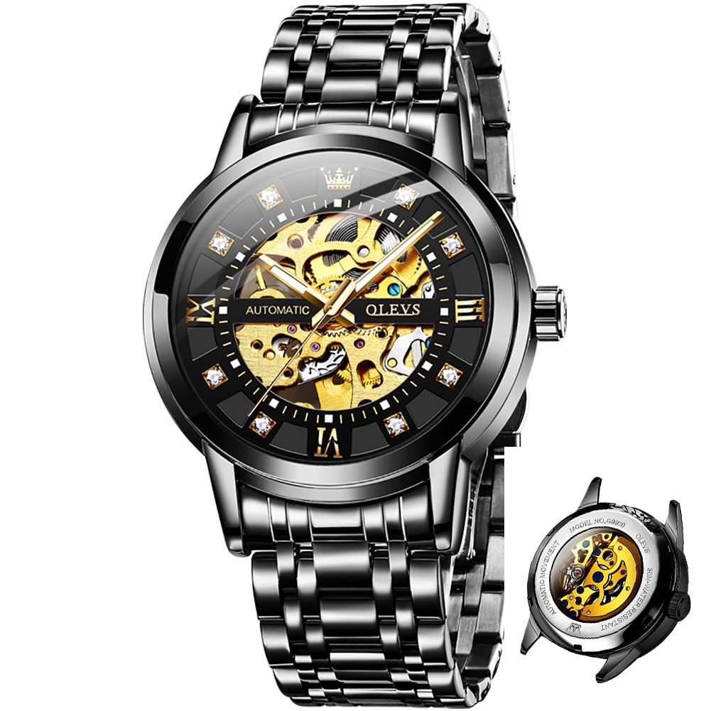 OLEVS Men's Automatic Skeleton Watch - Luxury Mechanical Gold Wristwatch with Diamond Accents, Stainless Steel, Waterproof & Luminous - Perfect for Business, Formal Events & Everyday Wear
