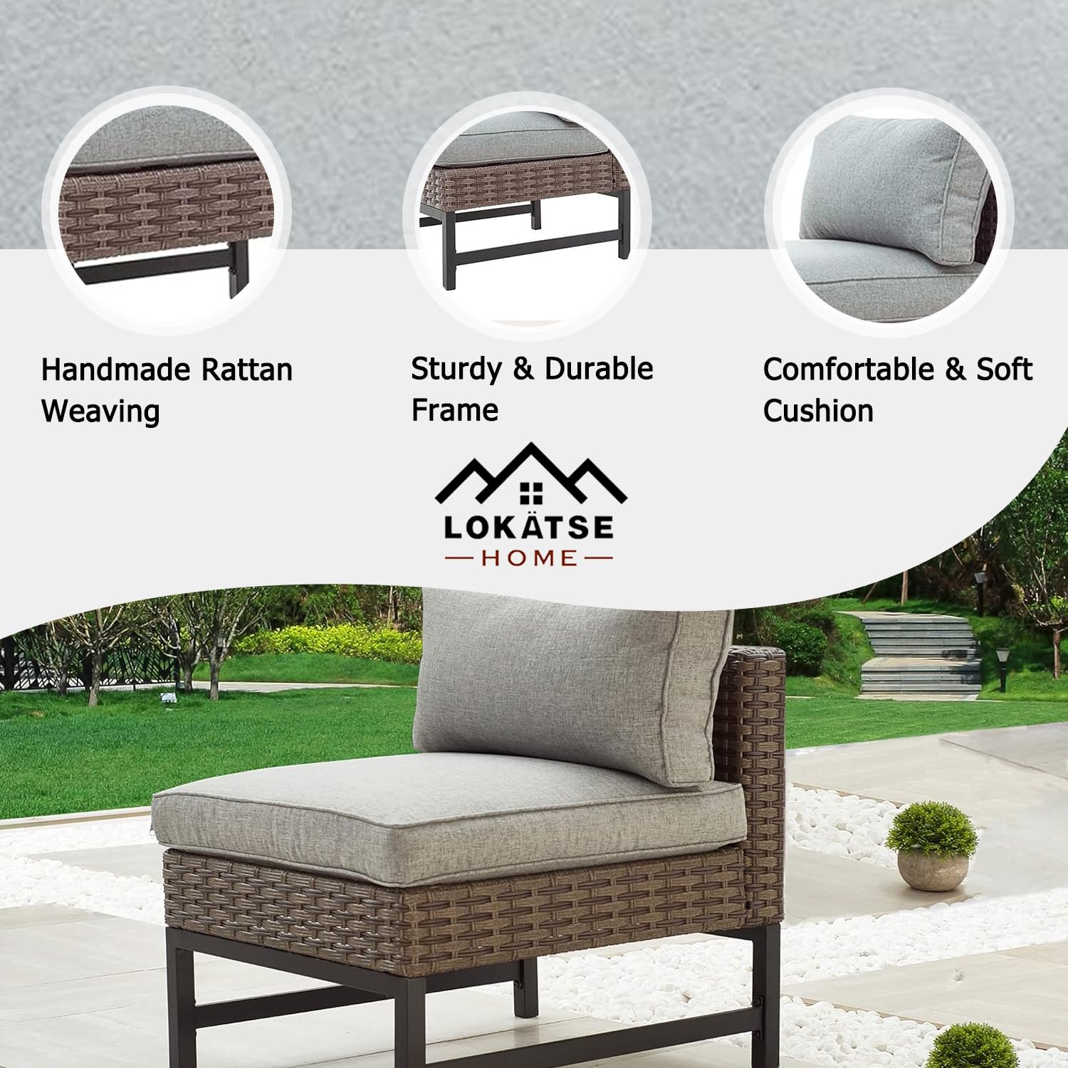 LOKATSE HOME Armless Wicker Patio Sofa Chair with Cushions & Metal Frame - Outdoor Furniture for Garden, Backyard, Poolside Relaxation - Brown (Perfect for Lounging, Sunbathing & Entertaining)