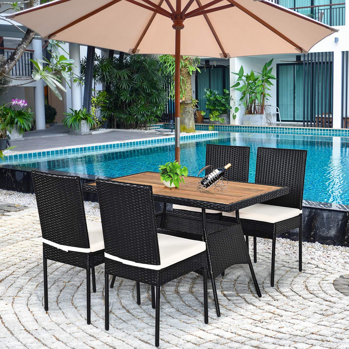 Tangkula 5-Piece Wicker Patio Dining Set - Outdoor Rattan Table & Chairs with Cushions, Acacia Wood Furniture for Garden, Balcony, Poolside & Backyard | Perfect for Outdoor Entertaining & Relaxation
