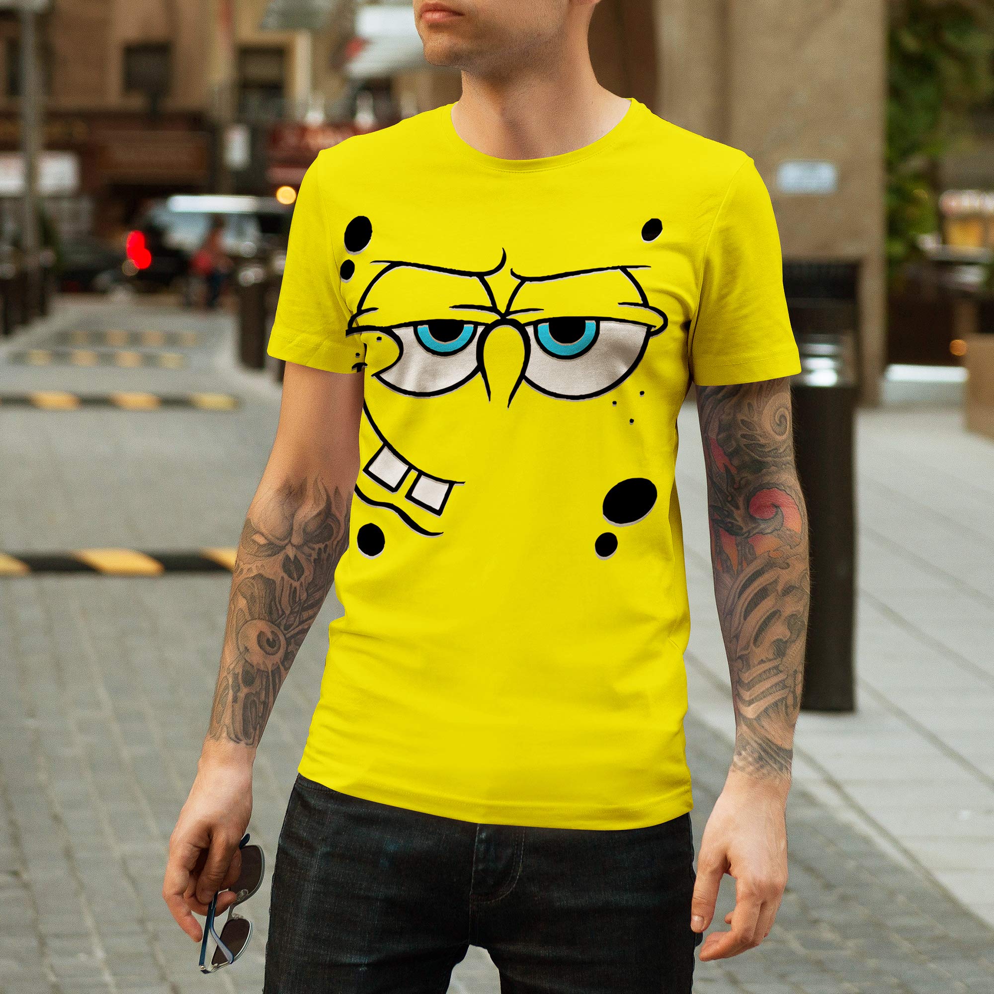Spongebob Squarepants Angry Face Adult Costume T-Shirt - Funny Cartoon Character Tee for Halloween, Cosplay & TV Show Fans