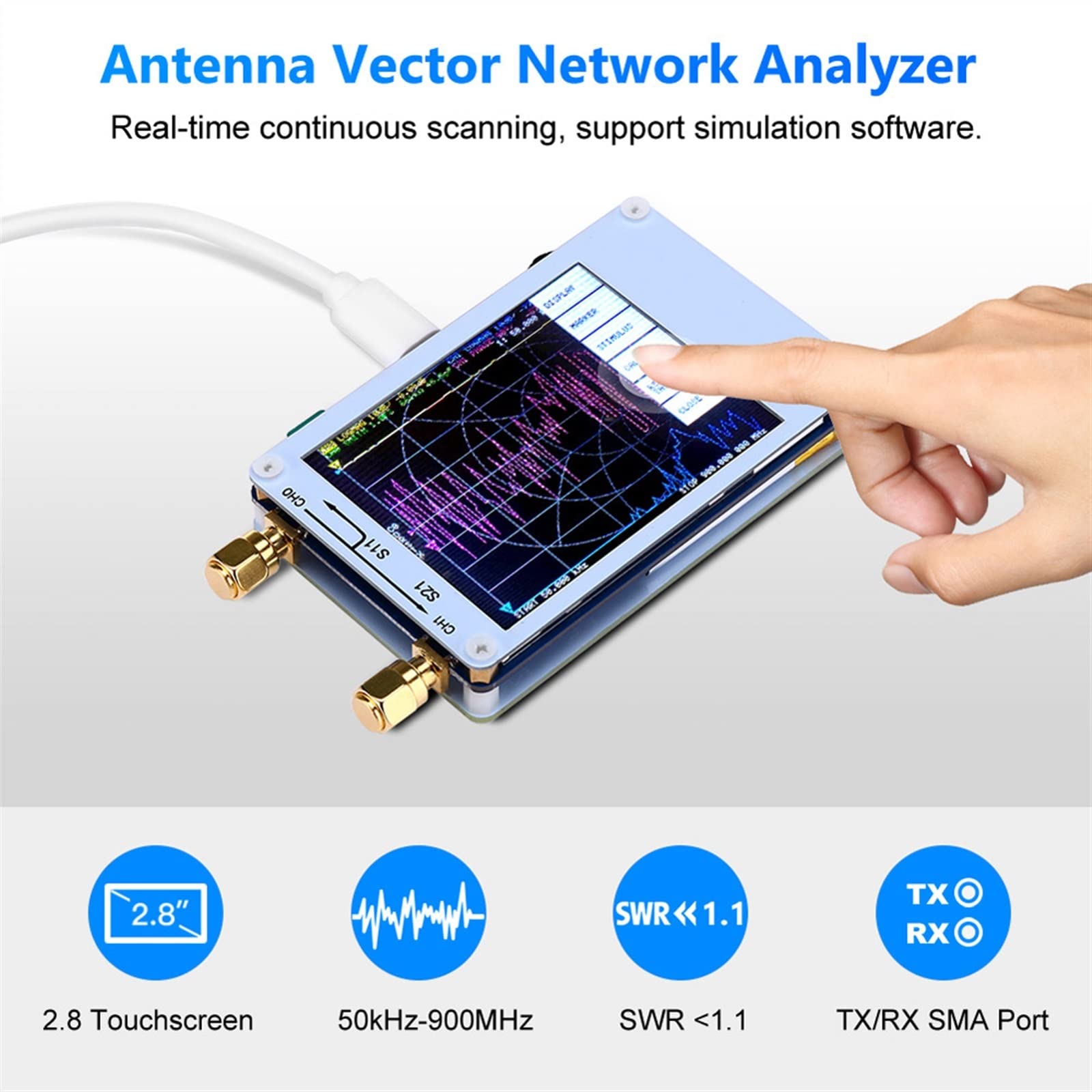 50KHz-900MHz Digital Vector Network Analyzer with Touch Screen - MF/HF/VHF/UHF Antenna Analyzer for Shortwave, Standing Wave Measurement - Perfect for Ham Radio, RF Testing & Electronics Labs