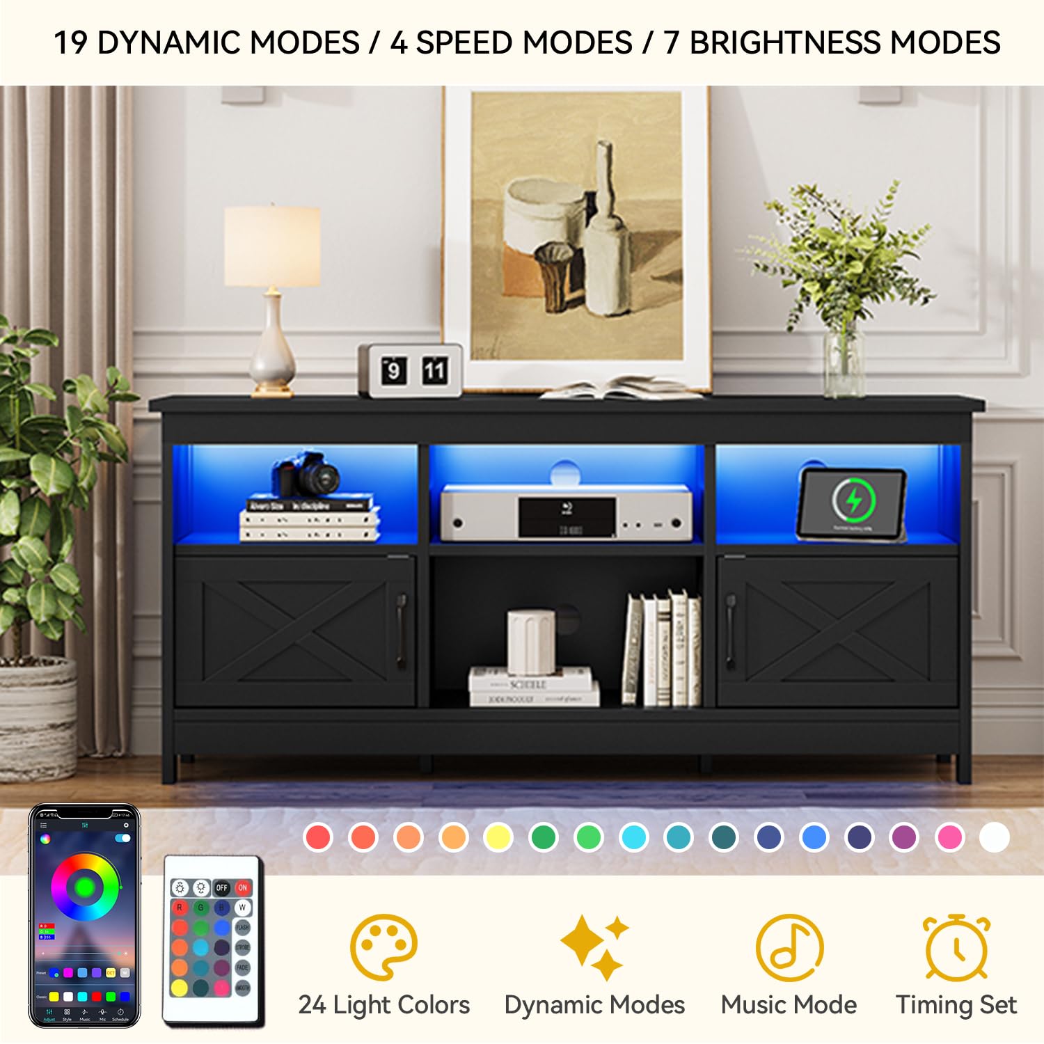 DWVO 65 Inch TV Stand with Power Outlet & LED Lights - Modern Entertainment Center TV Cabinet for Living Room, Media Console with Storage (59 Inch) - Perfect for Home Theater Setup & Living Room Organization