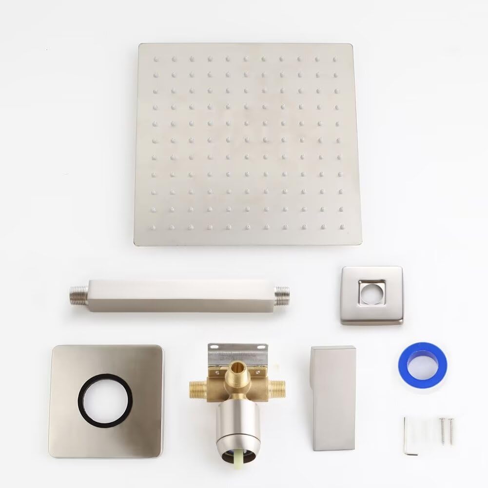 Brushed Nickel Ceiling Mount Shower Faucet Set - 10 Inch Rainfall Shower Head System with Single Handle Mixer Trim Kit & Rough-in Valve for Modern Bathroom | Perfect for Spa-Like Experience & Luxury Home Renovation