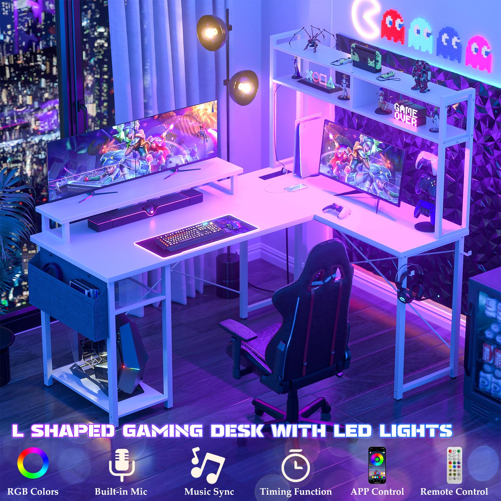 Aheaplus Small L-Shaped Gaming Desk with USB Charging Port & LED Strip - Reversible Corner Computer Desk with Monitor Stand, Storage Shelf & Organizer Bag - Perfect for Home Office, Gaming Setup & Small Spaces (White)