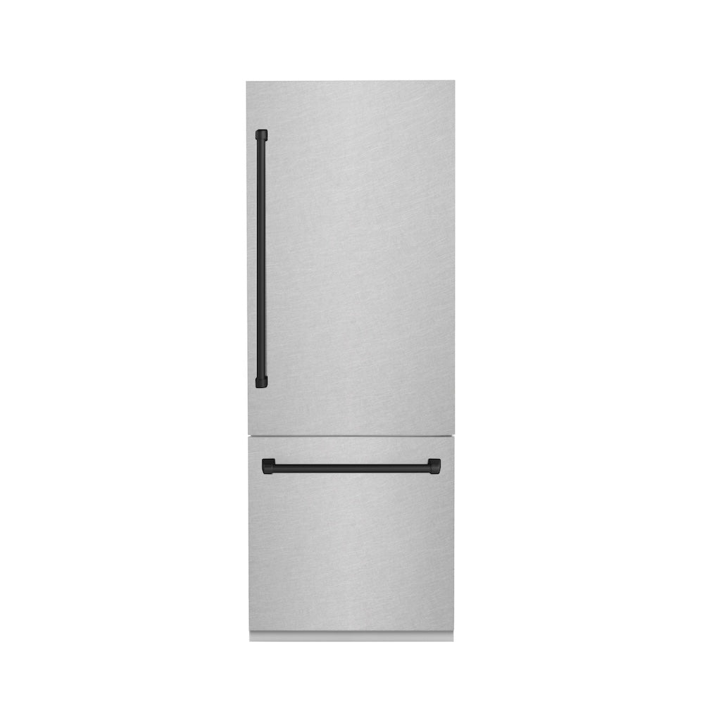 ZLINE Autograph Edition 30 Inch Built-In Bottom Freezer Refrigerator - 16.1 cu ft Capacity, Water Dispenser & Ice Maker - Satin Stainless Steel with Matte Black Accents (RBIVZ SN 30 MB) - Perfect for Modern Kitchens, Open Concept Homes & Luxury Appliances Collection