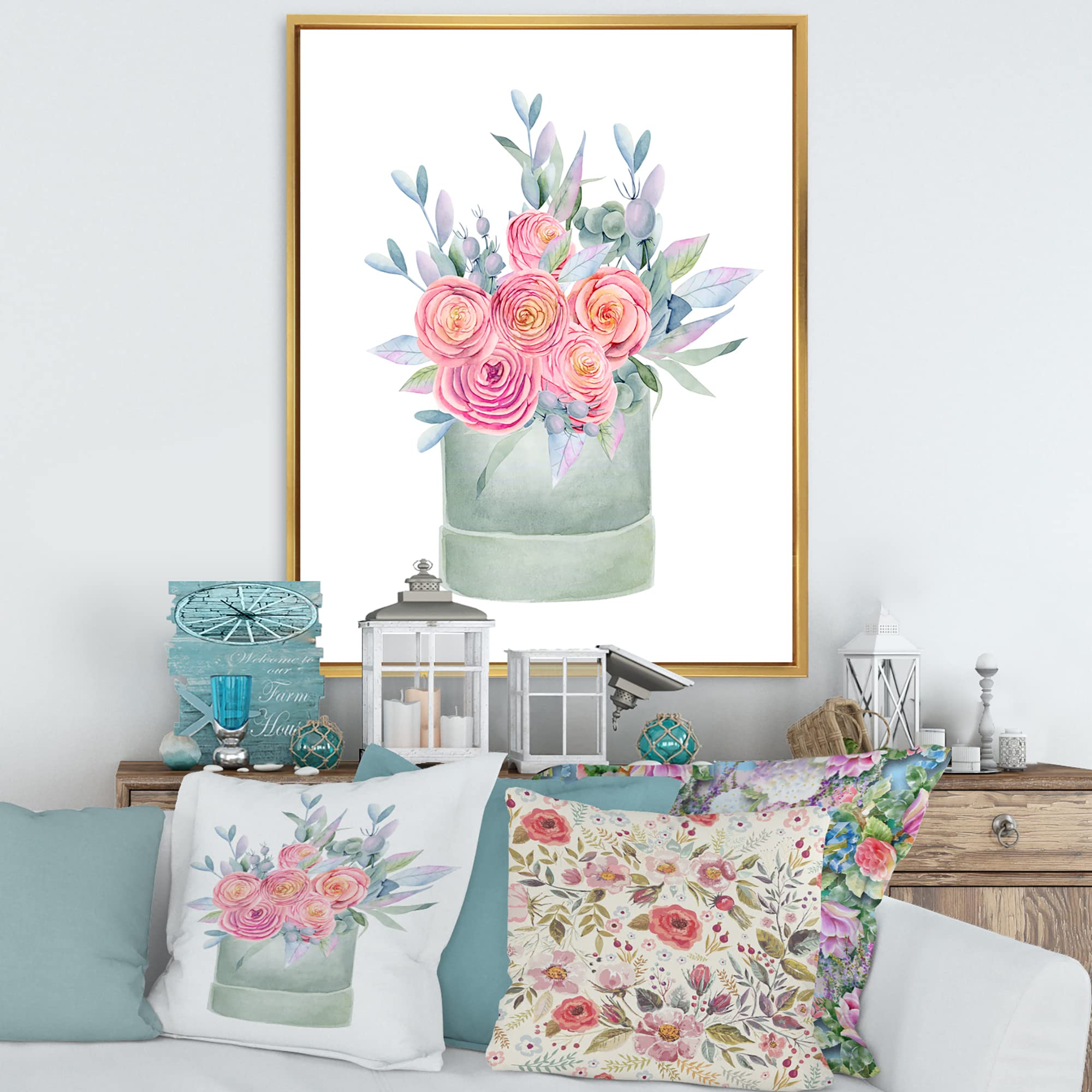Farmhouse Framed Canvas Wall Art Print with Pink Roses - Elegant Gift Box for Home Decor, Wedding, Anniversary & Housewarming Present