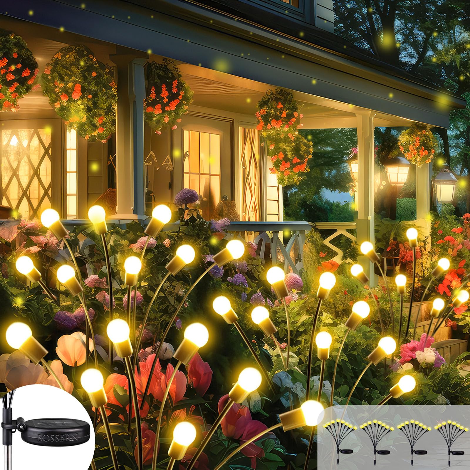 BOSSERN 4 Pack Solar Firefly Lights - Waterproof Outdoor Solar Sway Lights with Twinkle Effect, Warm White Solar Fairy Lights for Garden, Patio, Christmas Tree Decorations | Perfect for Backyard, Pathway, and Holiday Lighting