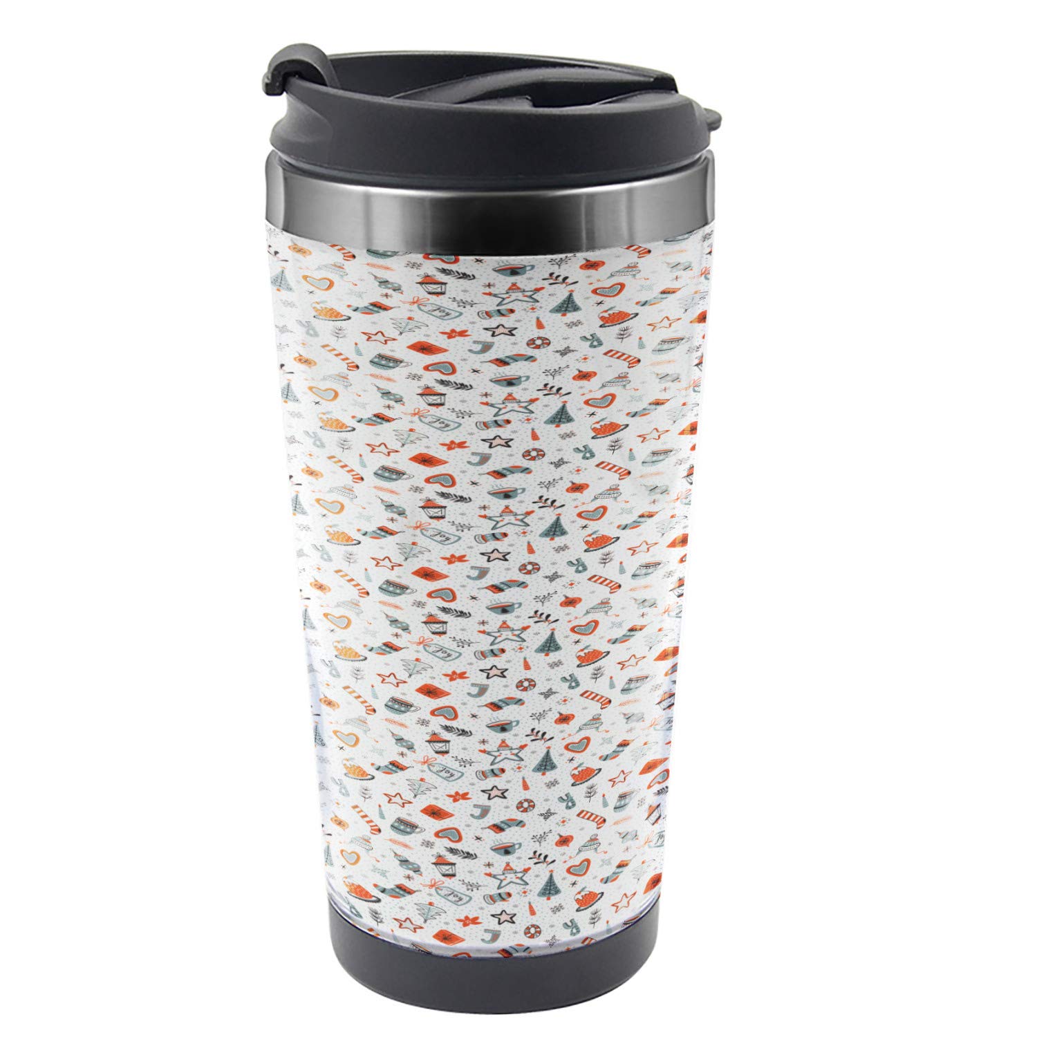 Ambesonne Christmas Travel Mug - 16 oz Stainless Steel Thermal Cup with Holiday Mittens & Tree Design - Keeps Drinks Hot/Cold - Perfect for Holiday Gifts, Office Use & Winter Travel - Burnt Sienna & Pale Teal