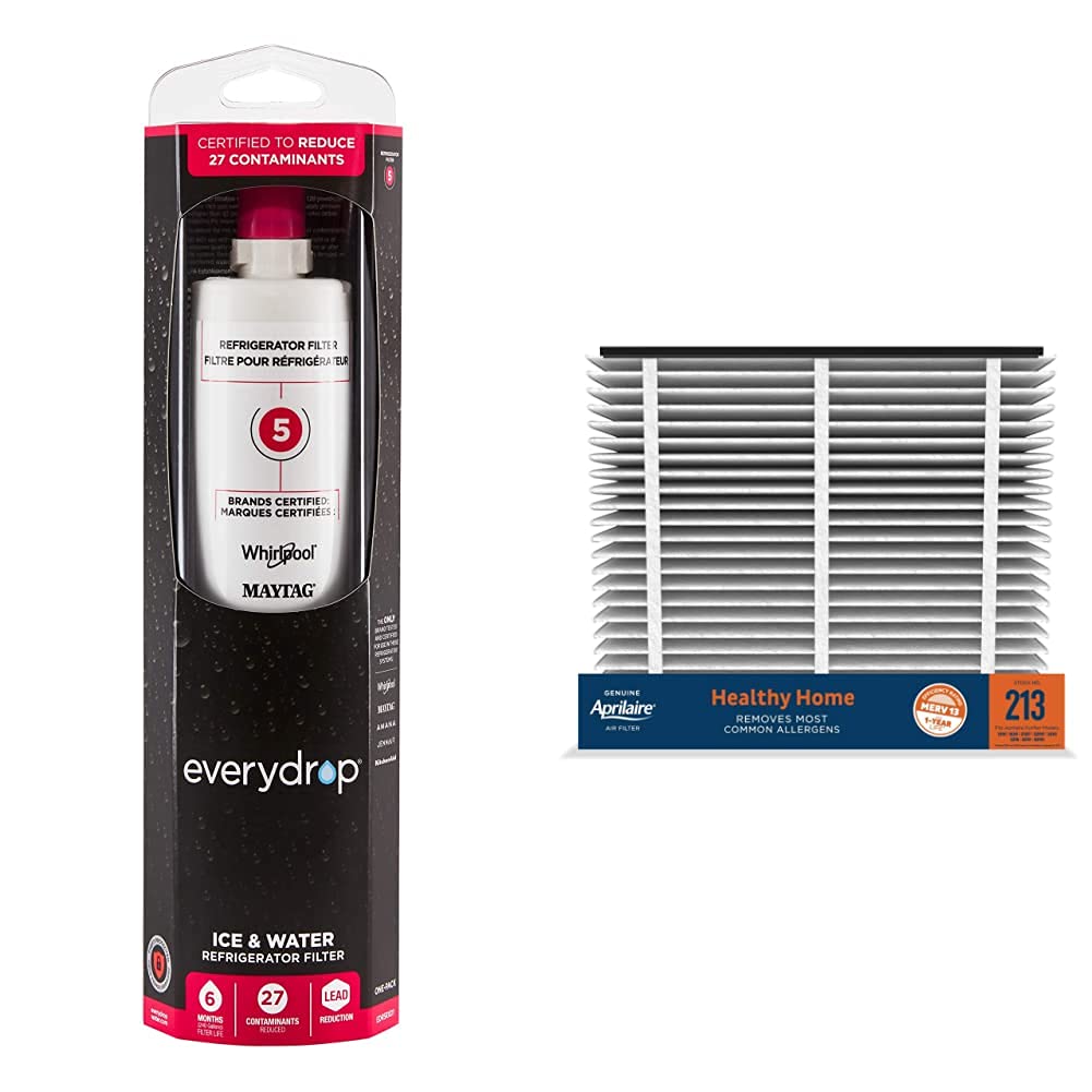 Whirlpool Everydrop EDR5RXD1 Refrigerator Water Filter (Pack of 1) & Aprilaire 213 A1 MERV 13 Whole Home Air Purifier Replacement Filter - For Clean Drinking Water and Allergy-Free Indoor Air - Perfect for Kitchen Refrigerators and HVAC Systems