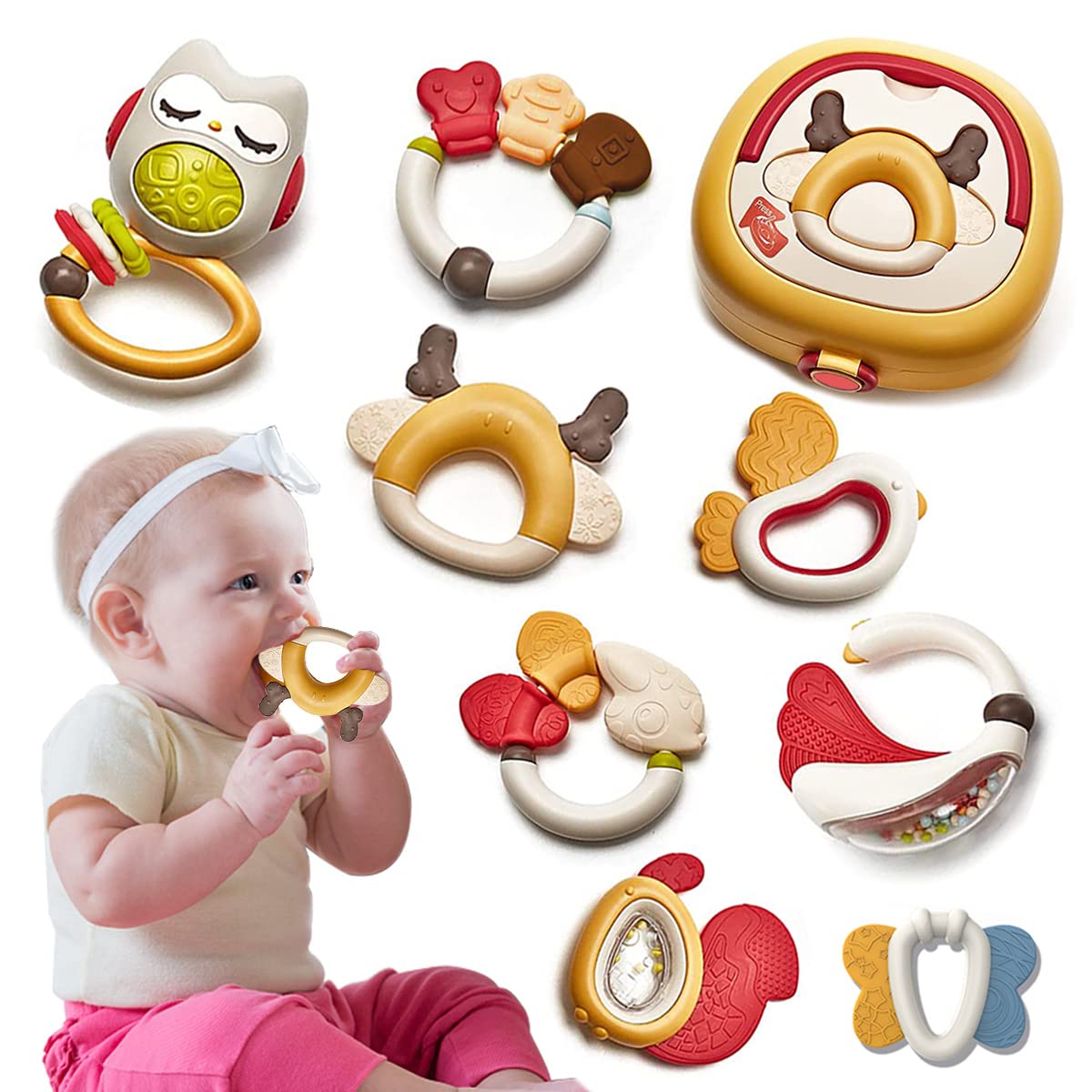 Best Baby Rattles & Teething Toys Set for 0-6 Months - 8PCS Infant Sensory Toys with Storage Box | Perfect Newborn Gifts for Baby Girls & Boys | Great for Early Development, Soothing & Playtime