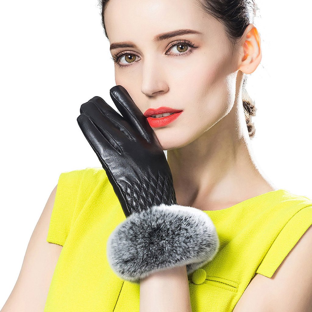 Women's Winter Leather Gloves with Rex Rabbit Fur Cuff - Warm & Stylish Cold Weather Accessories for Outdoor Activities, Driving, and Fashion