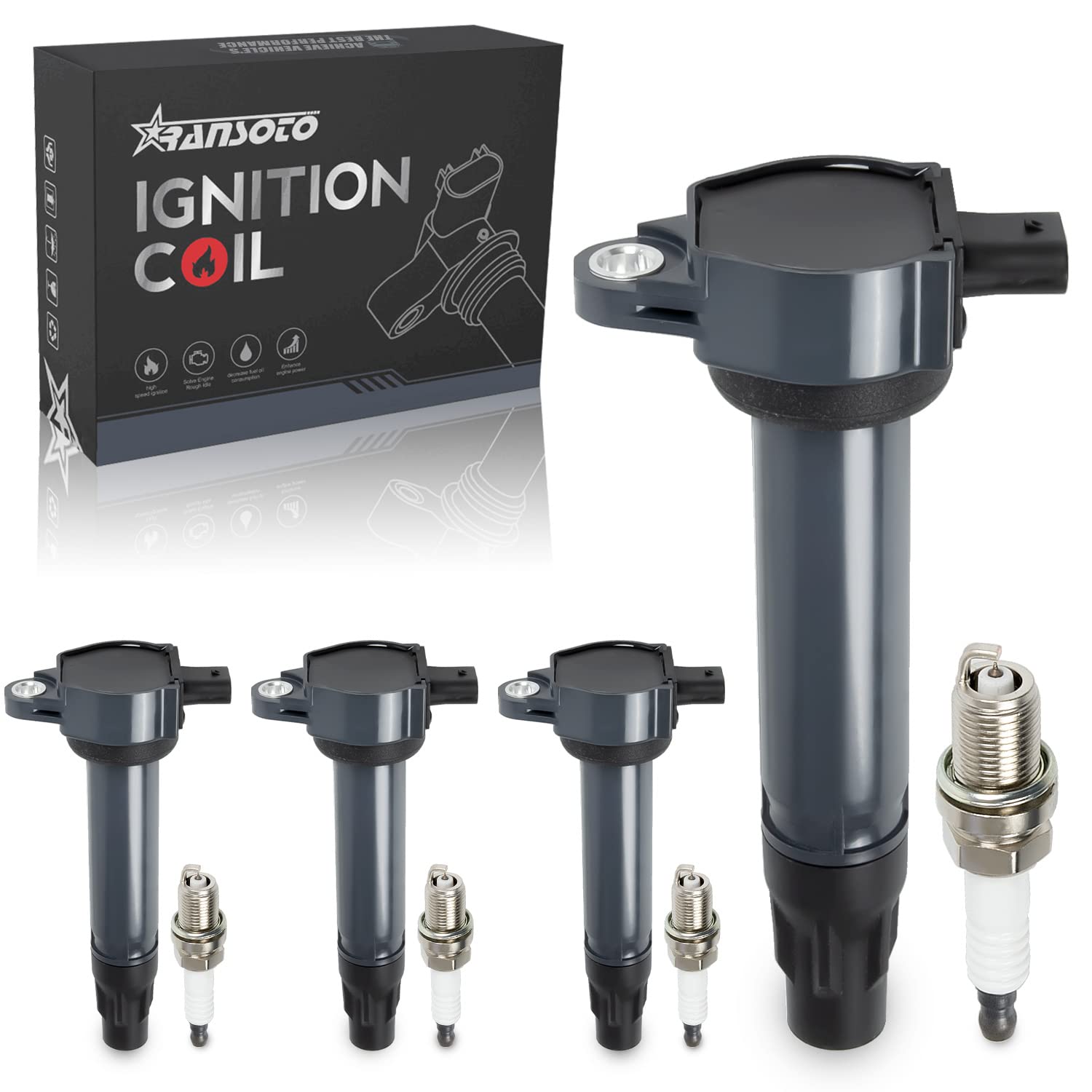 RANSOTO UF557 Ignition Coil Packs and Spark Plugs - Compatible with Jeep Patriot, Compass, Dodge Avenger, Caliber, Journey, Chrysler 200 & Sebring 1.8L 2.0L 2.4L - Replaces C1587, 5C1644, GN10346 - Perfect for Engine Performance & Tune-Up Maintenance