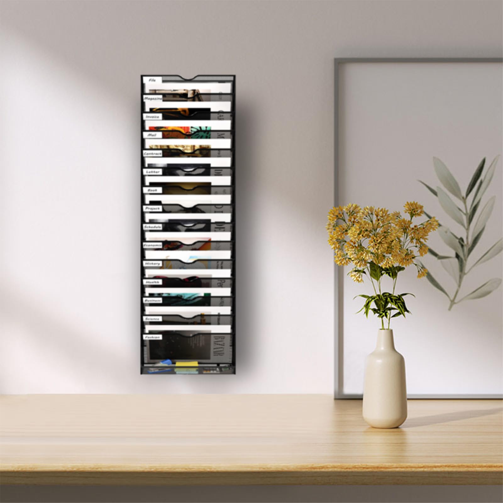 16-Pocket Mesh Wall File Holder - Metal Hanging File Organizer for Office & Home - Black Wall-Mounted Mail & Document Storage - Perfect for Office Organization, Classroom Supplies, and Home Office Decor