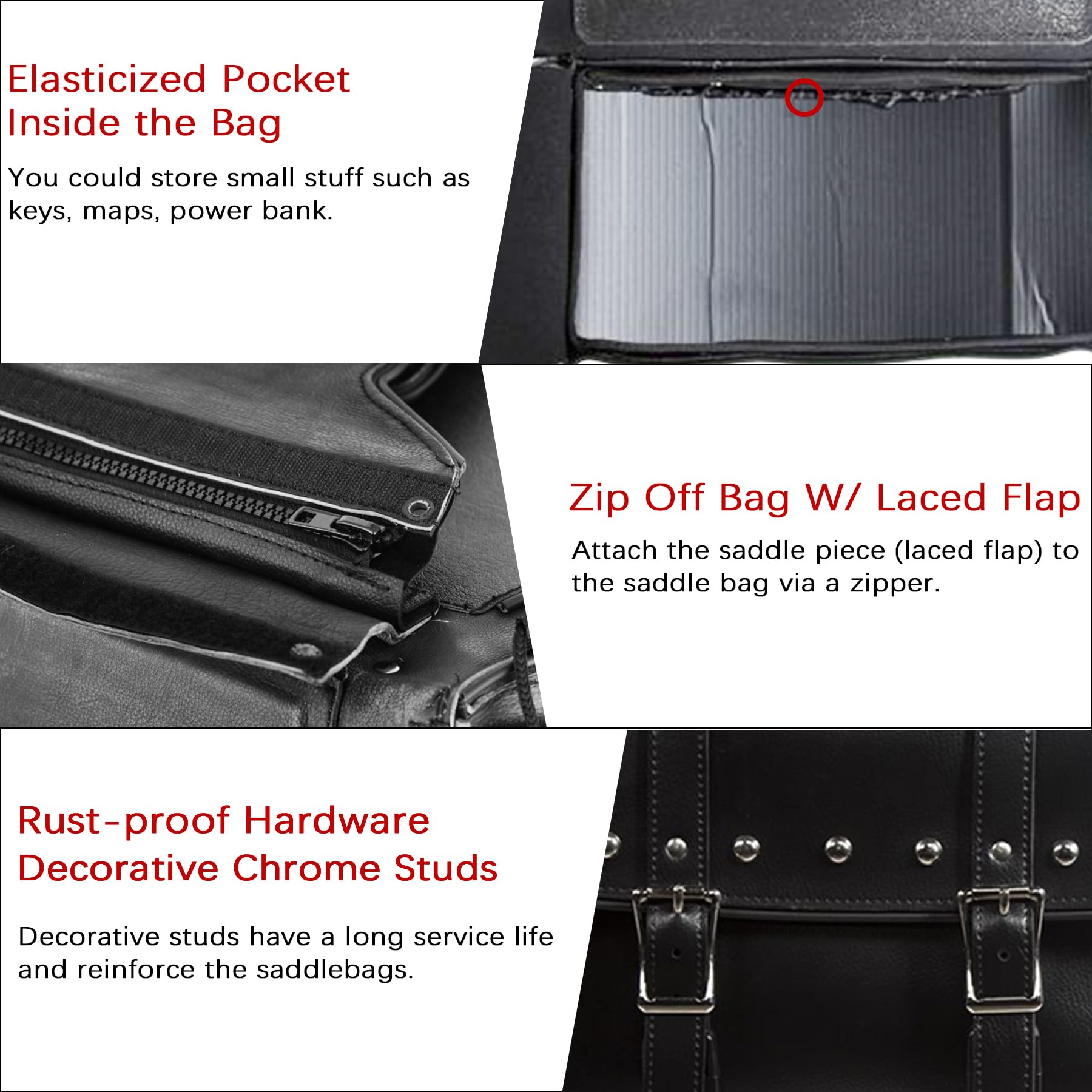 Dream Apparel Faux Leather Motorcycle Saddle Bags - Studded Throw Over Side Bags for Honda Shadow, Sportster, Softail & Dyna V-Star | Waterproof PVC Motorcycle Storage | Perfect for Cruiser Bikes, Road Trips & Daily Commuting (Black)