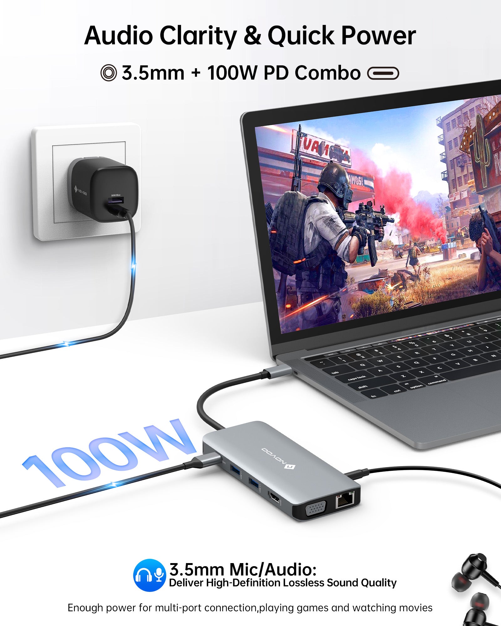 NOVOO 11-in-1 USB C Hub with 4K HDMI, Ethernet, USB 3.0 Ports - Premium Laptop Docking Station for MacBook Pro/Air, Dell XPS, HP, Home Office & Work from Home Setup