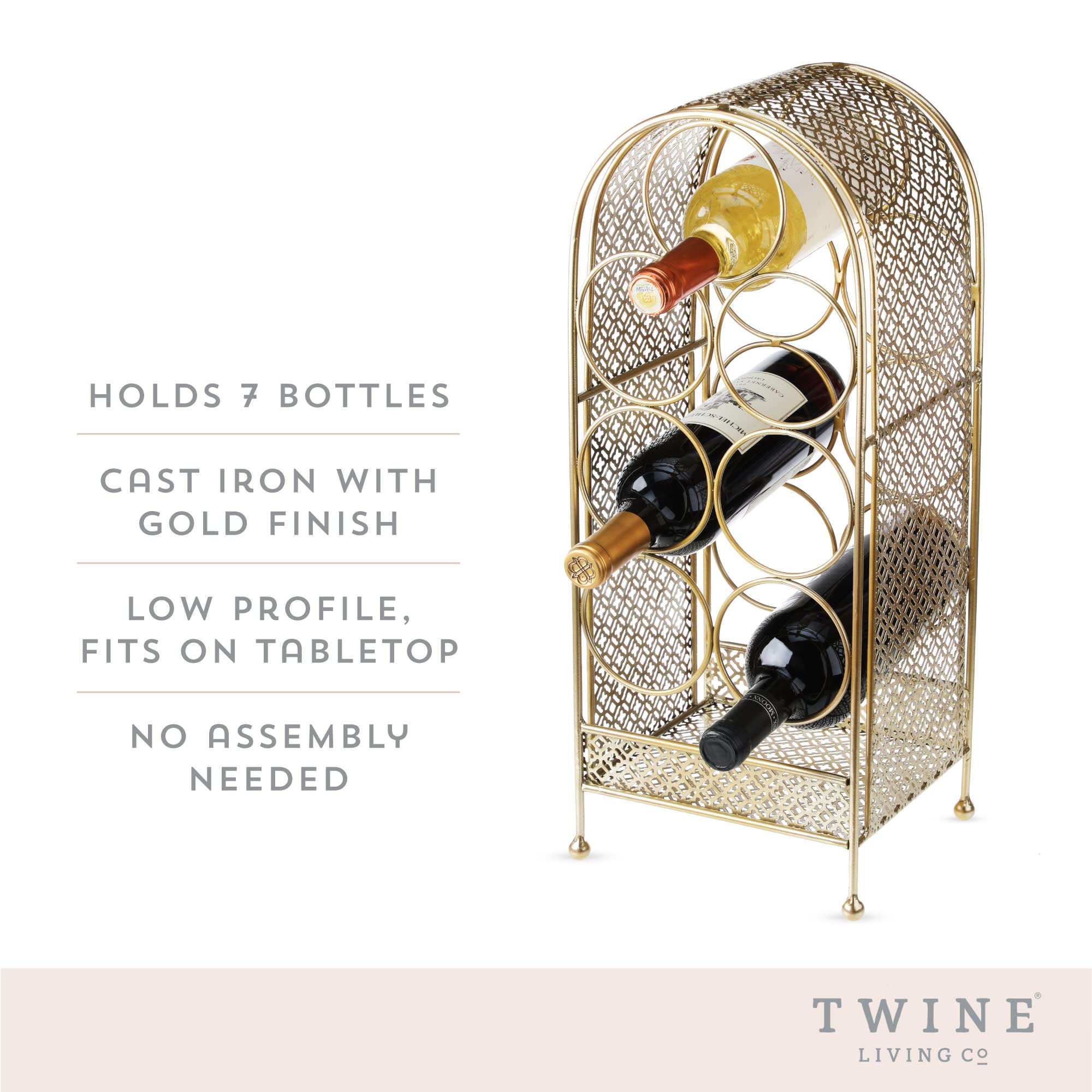 Twine Trellis Wine Rack - Holds 7 Bottles, Gold Countertop Wine Storage Organizer, Durable Cast Iron Design - Perfect for Kitchen Counter, Bar, Dining Room & Wine Cellar Decor