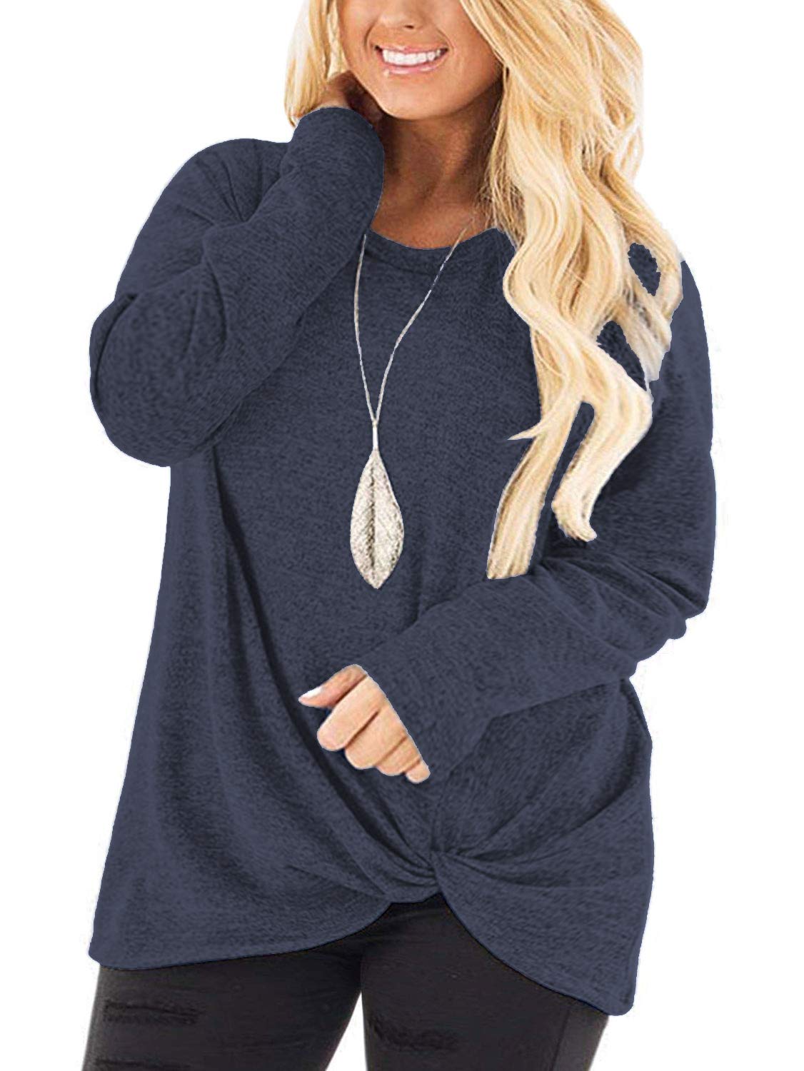 DOLNINE Women's Plus Size Knotted Long Sleeve T-Shirt - Loose Casual Blouse for Everyday Wear, Work & Date Nights | Comfortable Stretchy Fabric for Curvy Figures