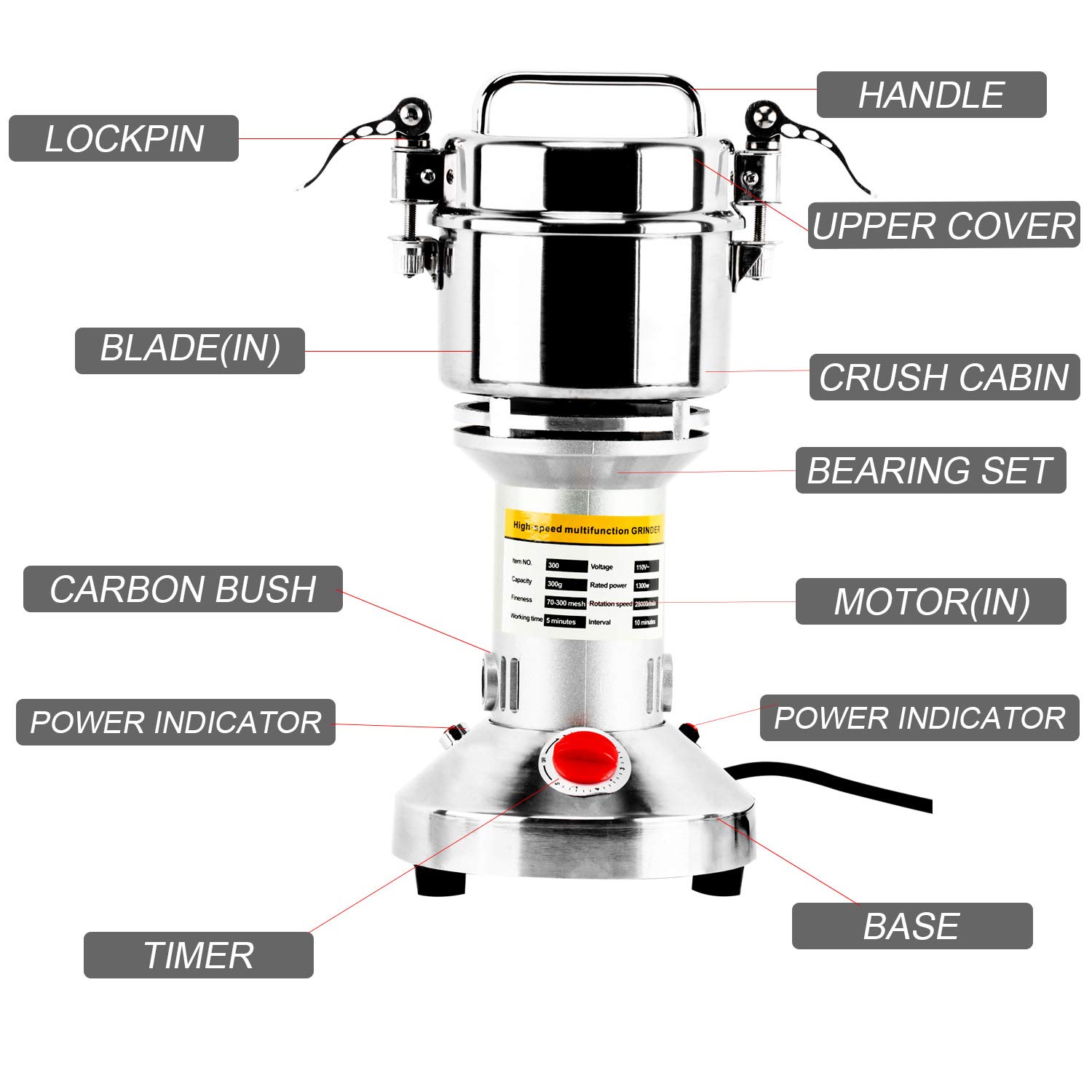 High Speed 300g Electric Grain Mill Grinder - 1300W Commercial Stainless Steel Powder Machine for Spices, Herbs, Pepper & Coffee - 70-300 Mesh, 28000 RPM - Perfect for Home Kitchens, Bakeries & Coffee Shops