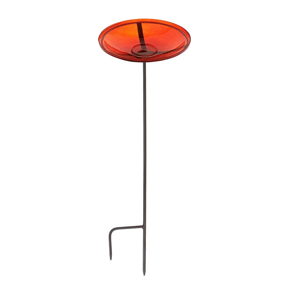 Achla Designs 14-inch Red Crackle Glass Birdbath Bowl with Stake - Perfect for Garden Decor and Attracting Birds to Your Backyard