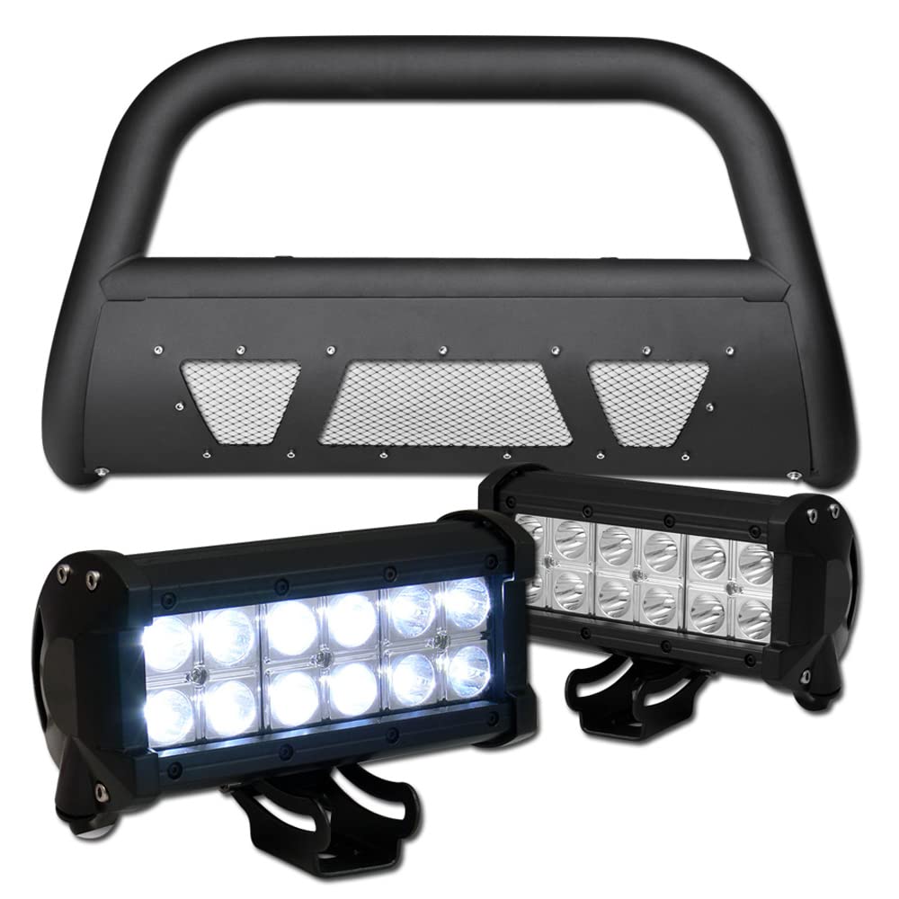 Matte Black Studded Mesh Bull Bar Brush Guard Push Bumper with Skid Plate & 36W CREE LED Fog Lights for 2004-2012 Chevy Colorado/GMC Canyon - Off-Road Protection & Style Upgrade