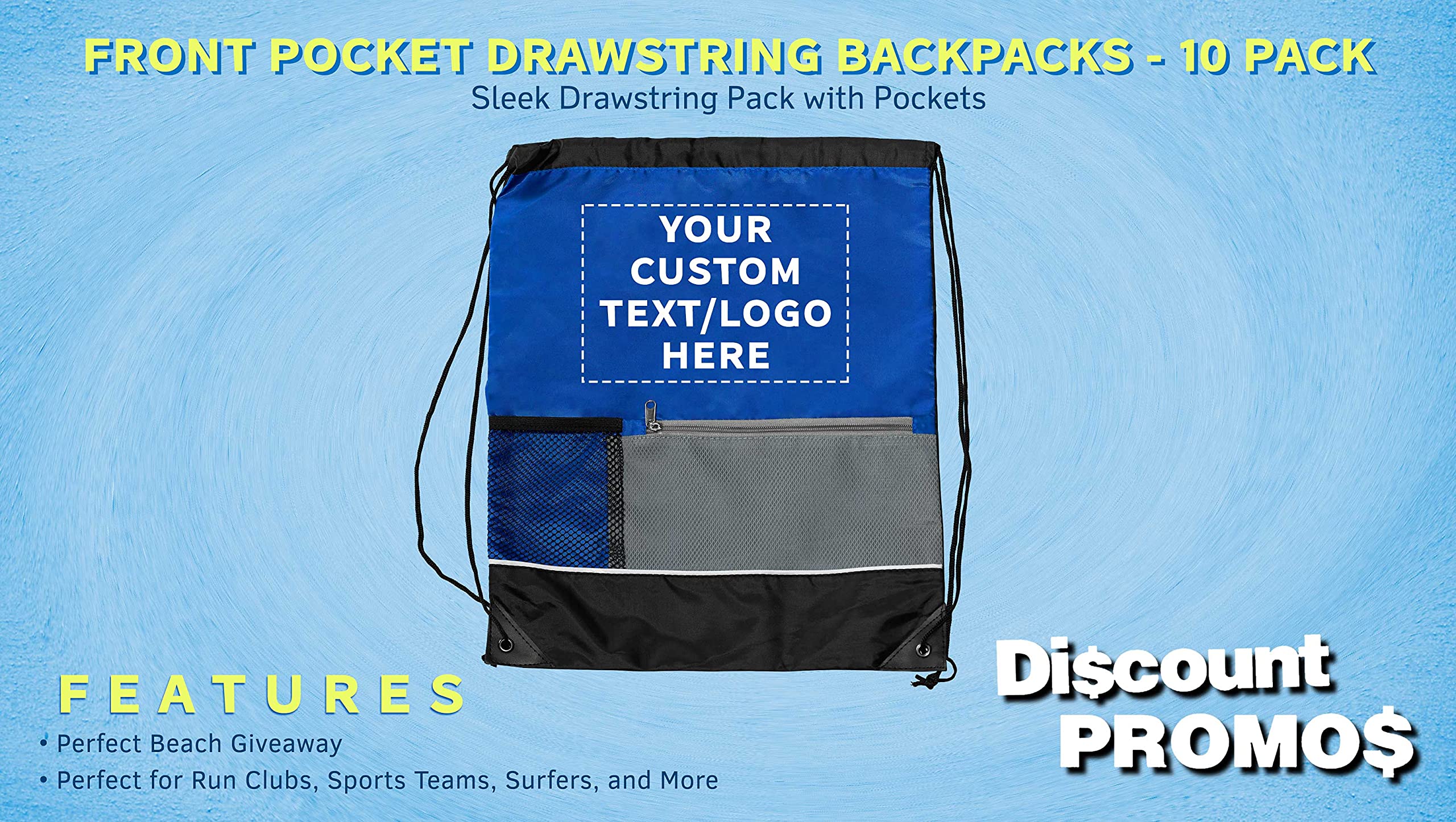 Custom Front Pocket Drawstring Backpacks - Bulk Set of 10 Personalized Reusable Bags | Lightweight Sports & Promotional Backpacks in Blue | Perfect for School, Gym, Travel & Events