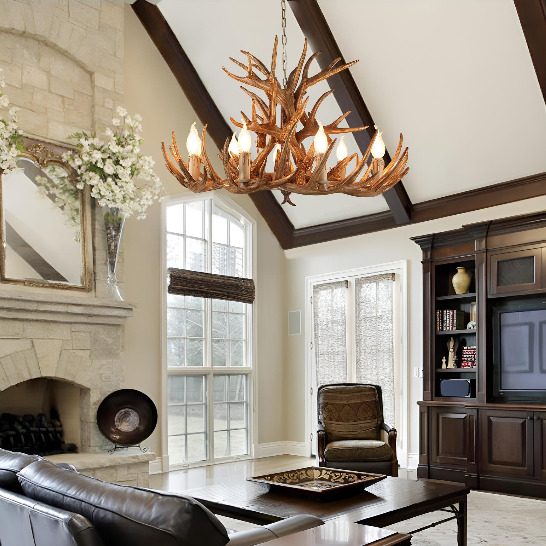 Farmhouse Antler Chandelier 9-Light Rustic Deer Antler Ceiling Pendant - Resin Antler Light Fixture for Living Room, Dining Room, Bedroom (9+6 Lamp Holder Arms) - Perfect for Cabin, Lodge & Western Home Decor