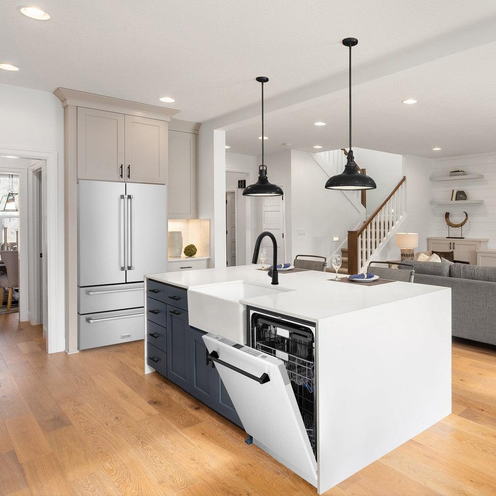 ZLINE Autograph Edition 24 Inch Monument Series 3rd Rack Dishwasher with Top Touch Control - White Matte Finish & Matte Black Handle, Ultra Quiet 45dBa (DWMTZ WM 24 MB) - Perfect for Modern Kitchens, Open Concept Homes, and Luxury Apartments