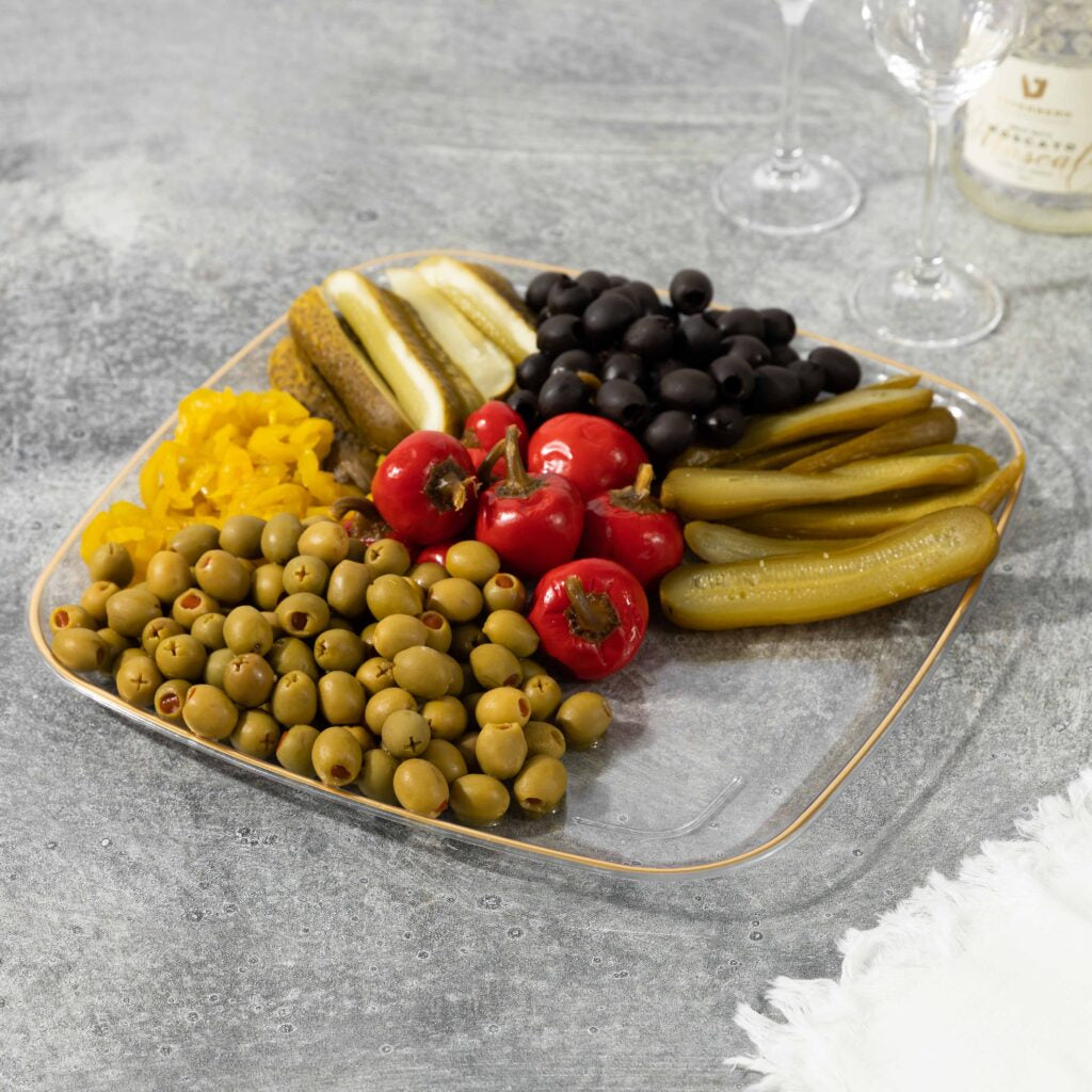 12 Inch Clear and Gold Rim Square Organic Serving Tray Dish - 2 Pack Set for Elegant Dining, Party Platters, and Home Decor