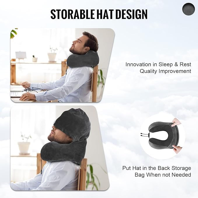 PIKFOS 2024 Memory Foam Travel Neck Pillow with Hood for Adults - Comfortable Airplane, Car & Train Travel Accessory - Perfect for Long Flights, Road Trips & Commuting