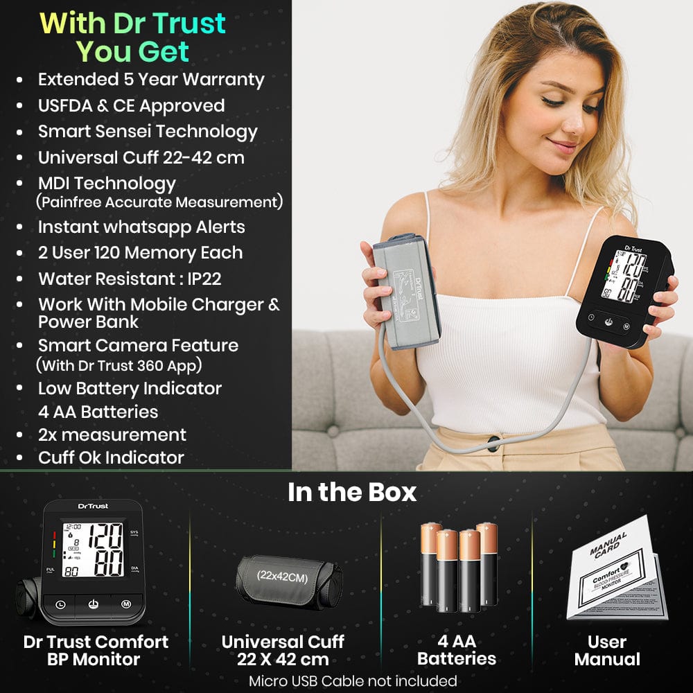 Dr Trust USA Comfort Pro Digital Blood Pressure Monitor - Automatic Upper Arm Cuff (22-42cm) for Home Use | Accurate & Easy Blood Pressure Testing Device | Ideal for Seniors, Hypertension Patients & Health Monitoring
