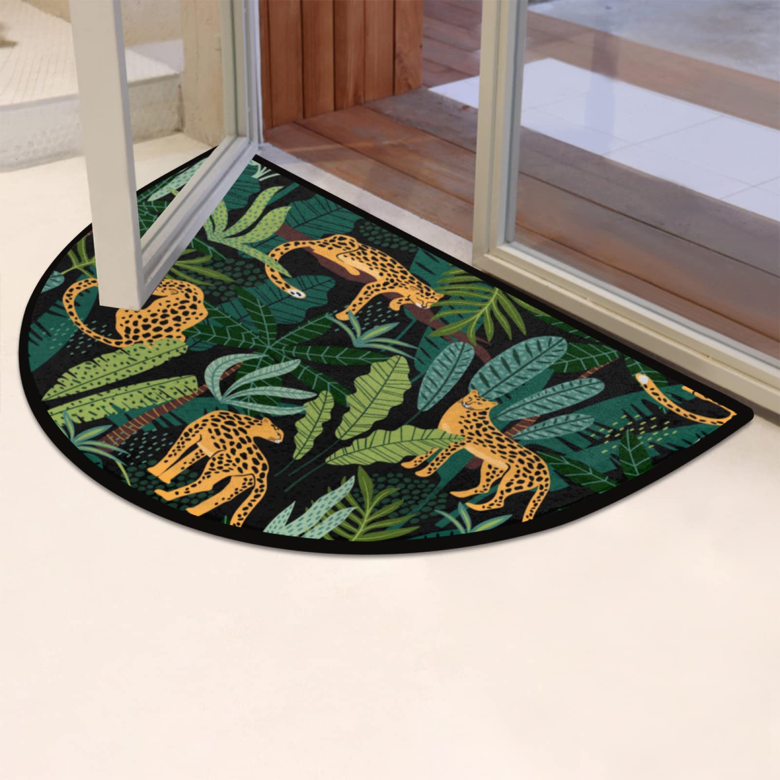 Half Round Rugs - Leopard Print & Green Plants Semicircular Non-Slip Door Mat for Indoor Entryway, Patio & High Traffic Areas - Perfect Welcome Mat for Home, Office & Commercial Spaces